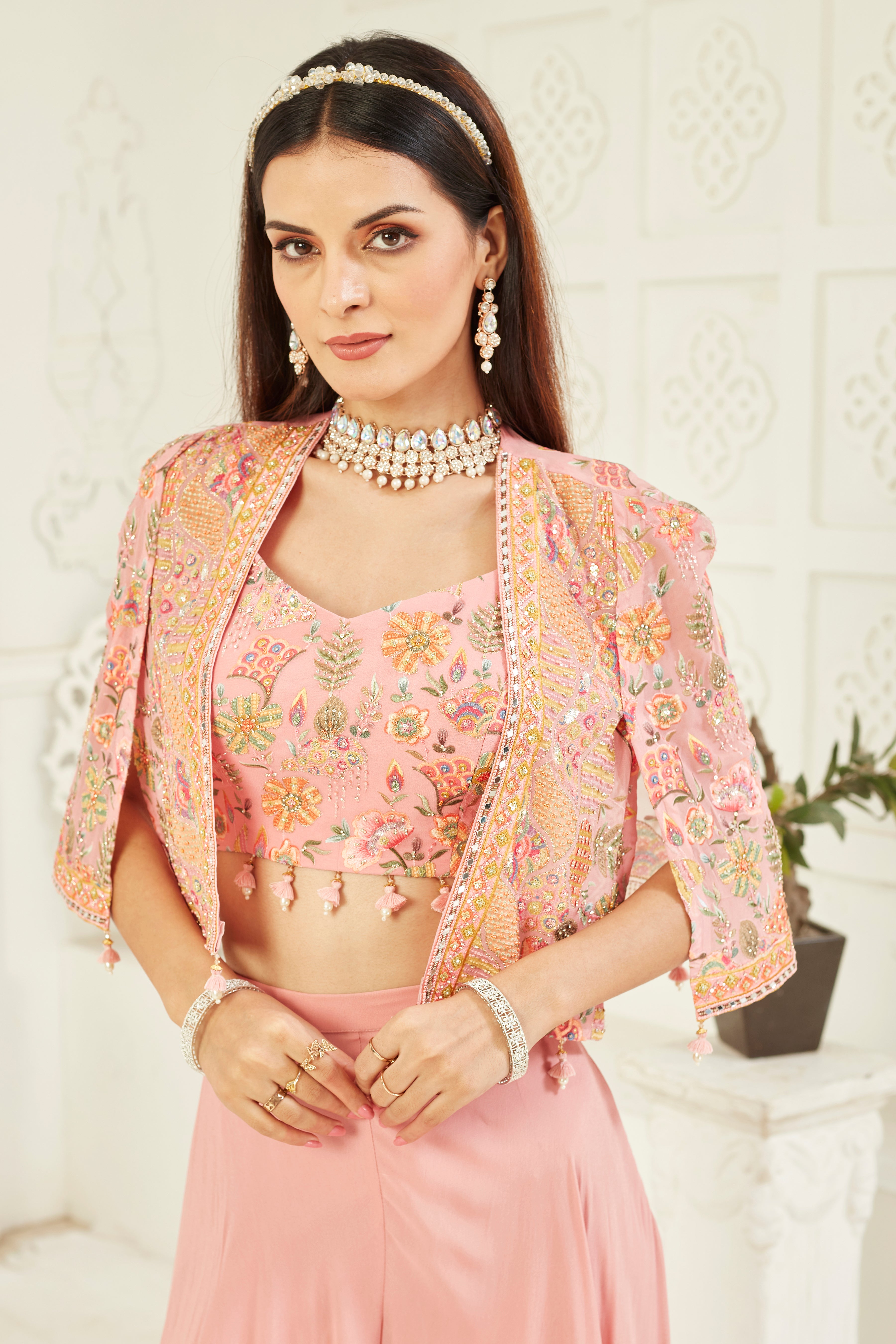 Floral Pink Embellished Georgette Silk Cape Set