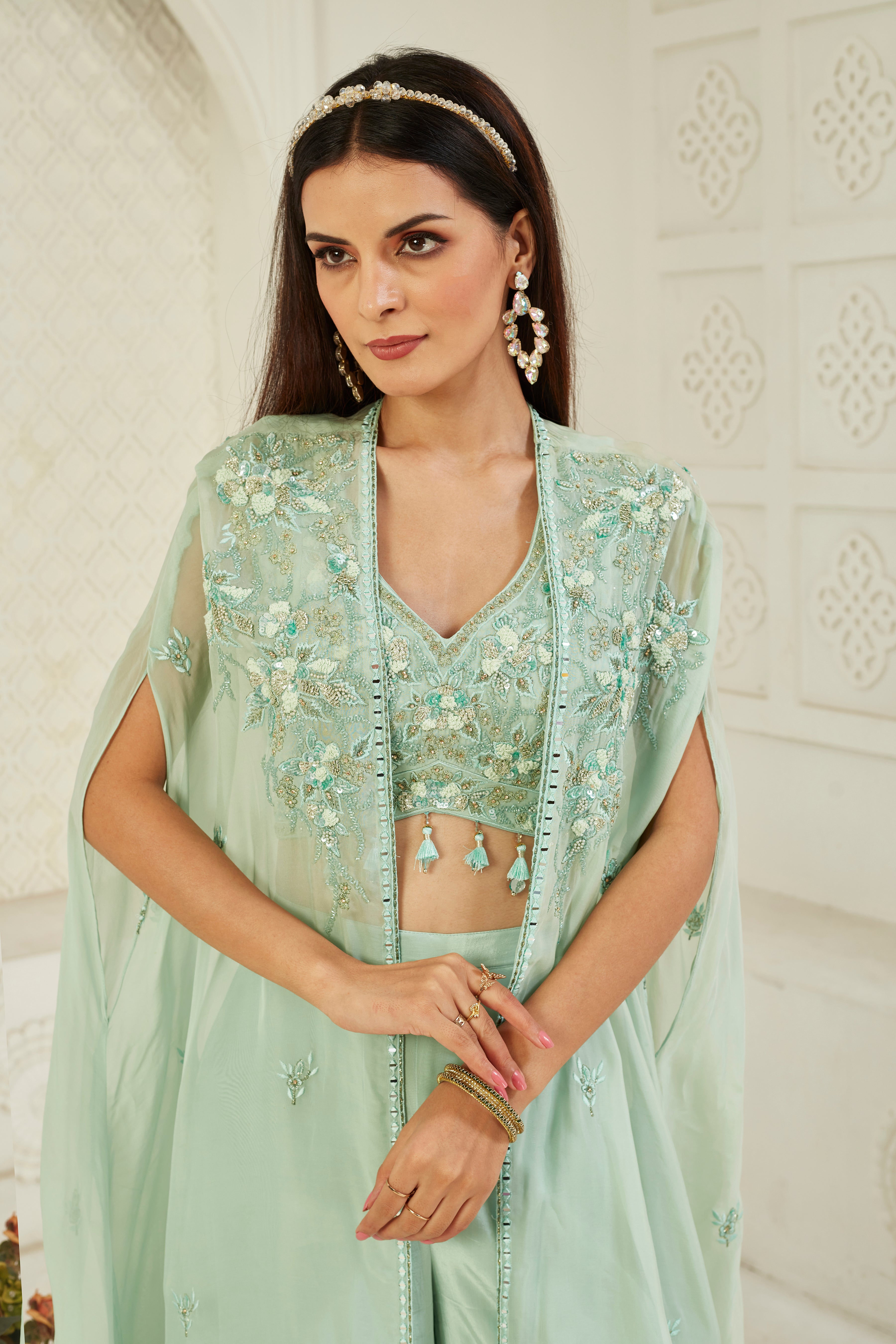 Turquoise Embellished Georgette Silk Cape Set