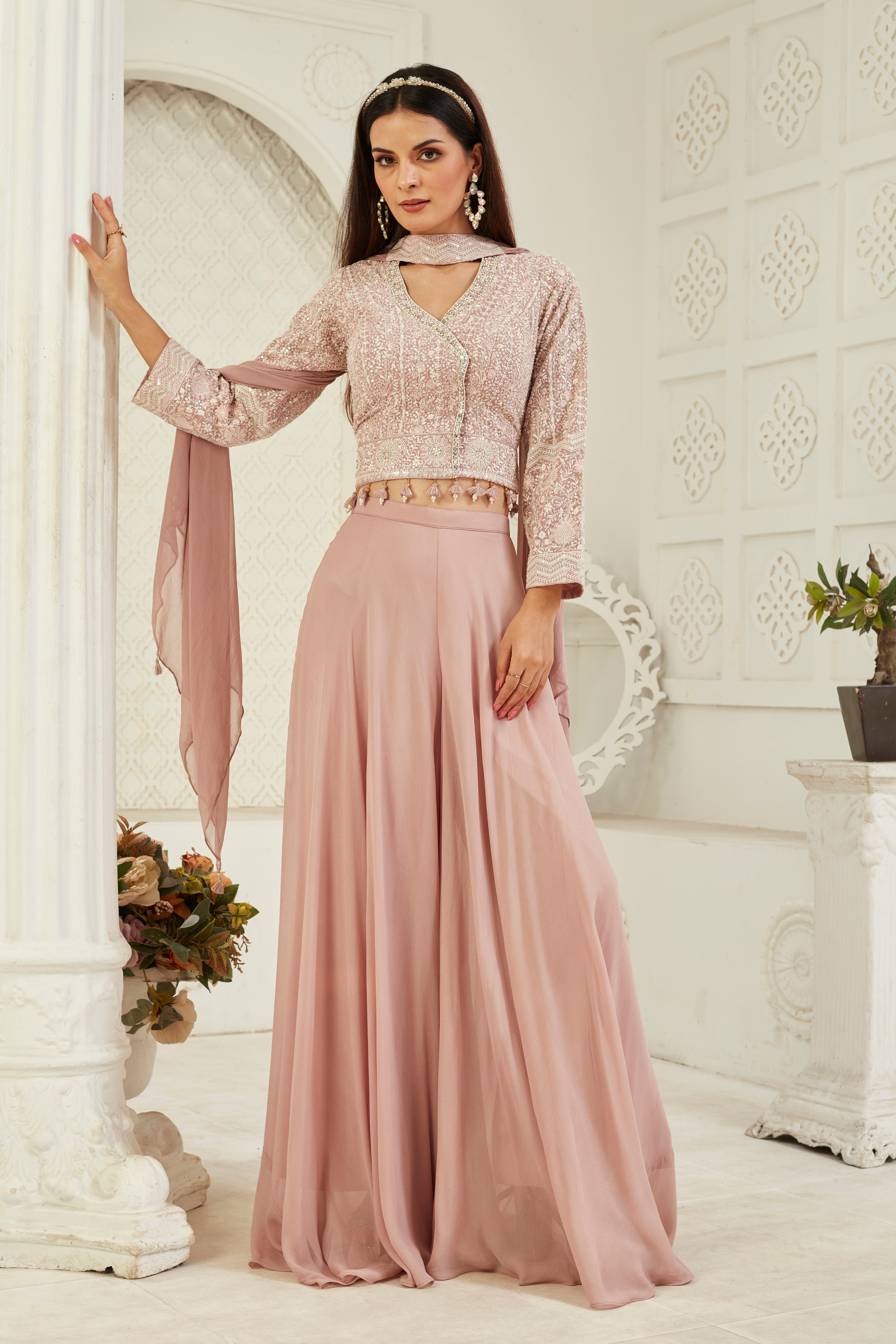 Rose Gold Embellished Georgette Silk Palazzo Set