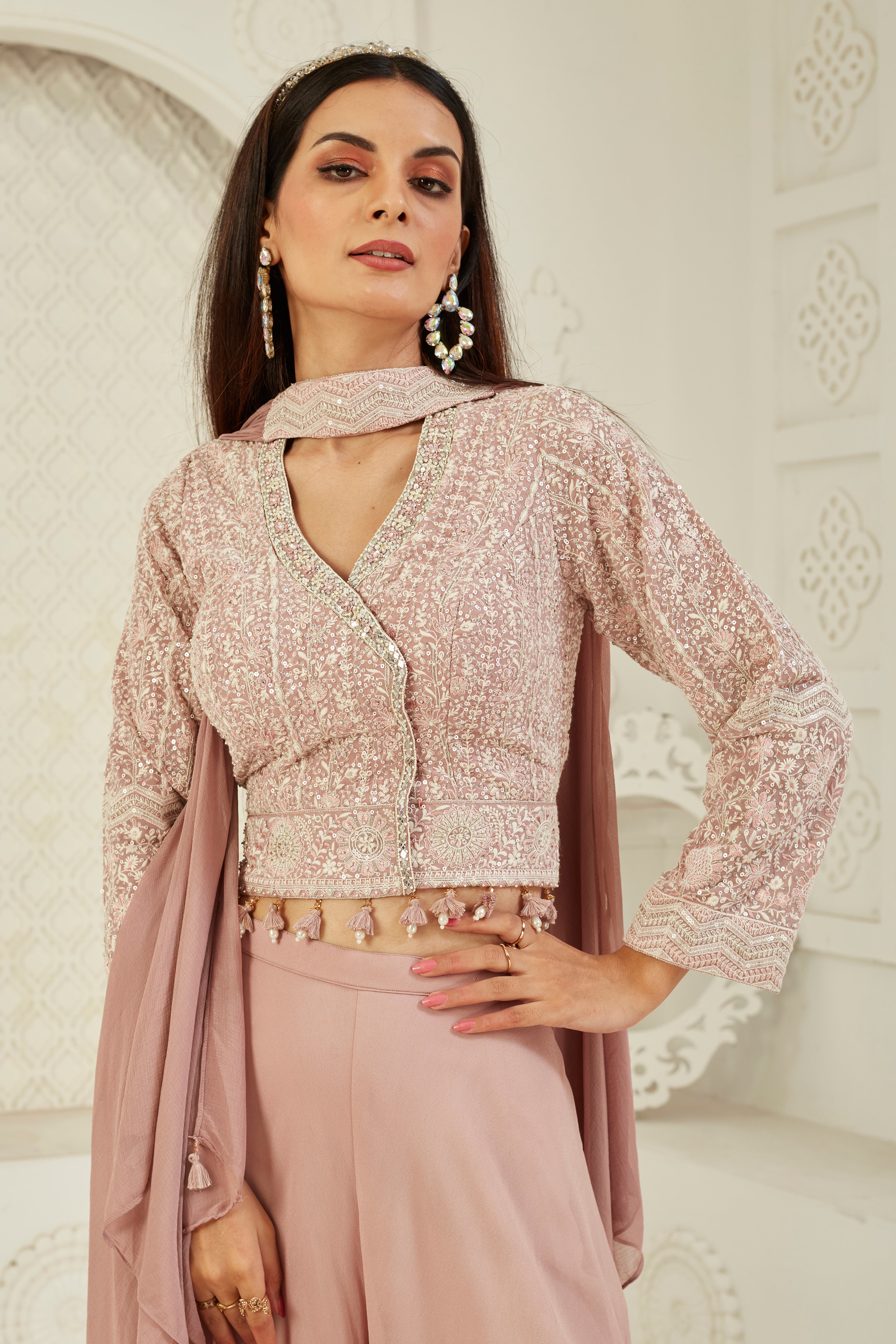 Rose Gold Embellished Georgette Silk Palazzo Set