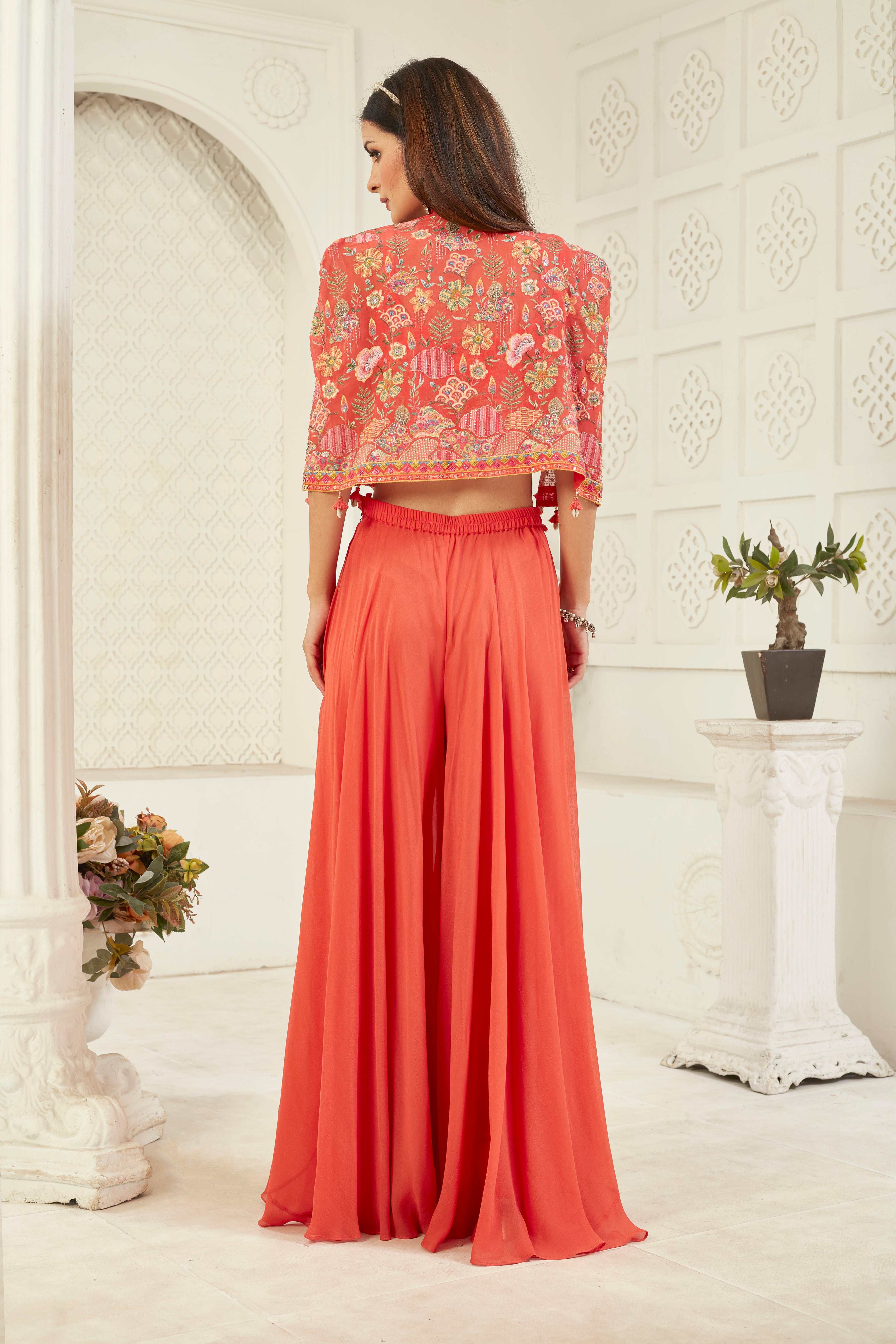 Floral Orange Embellished Georgette Silk Cape Set