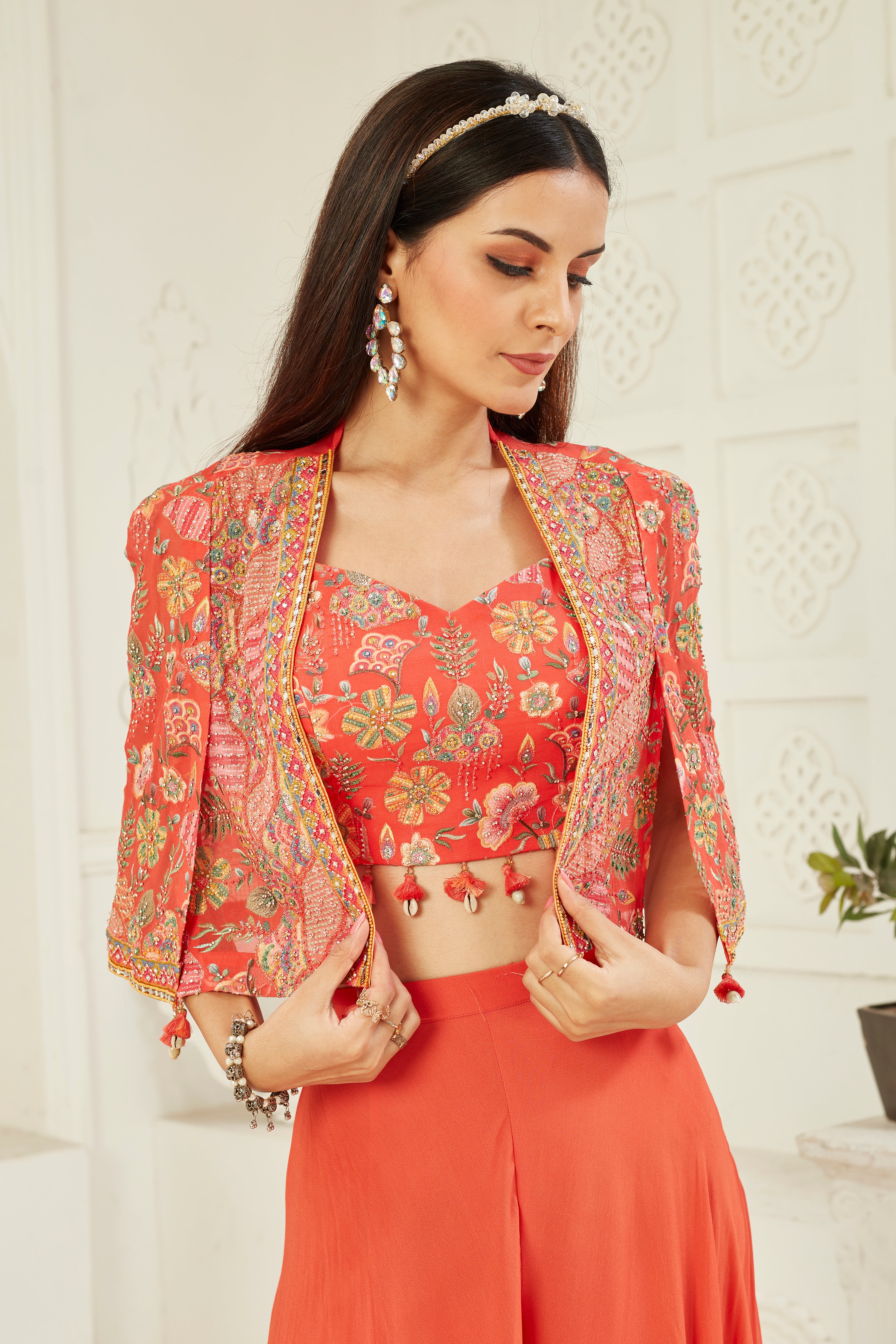 Floral Orange Embellished Georgette Silk Cape Set