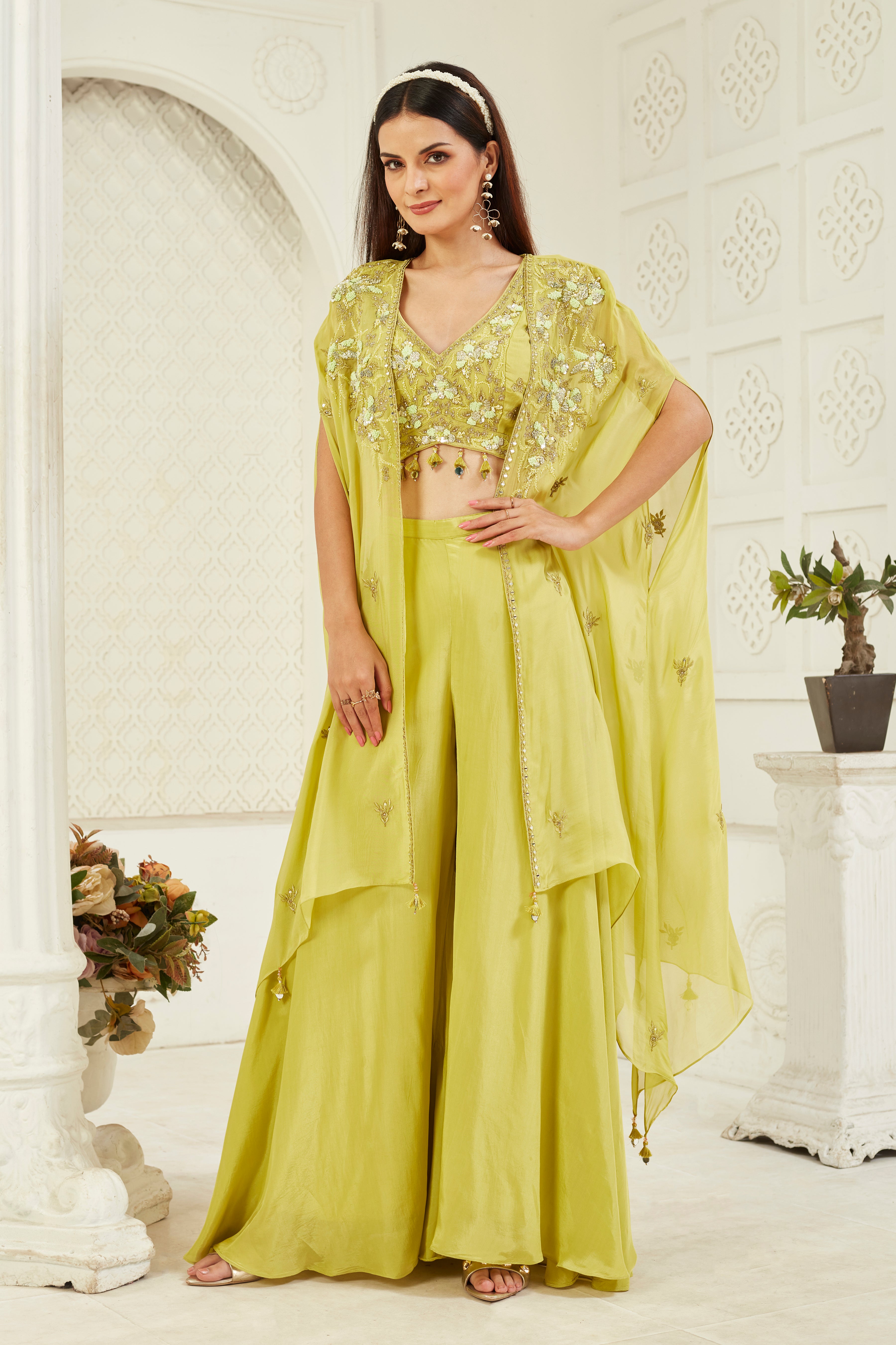 Green Embellished Georgette Silk Cape Set