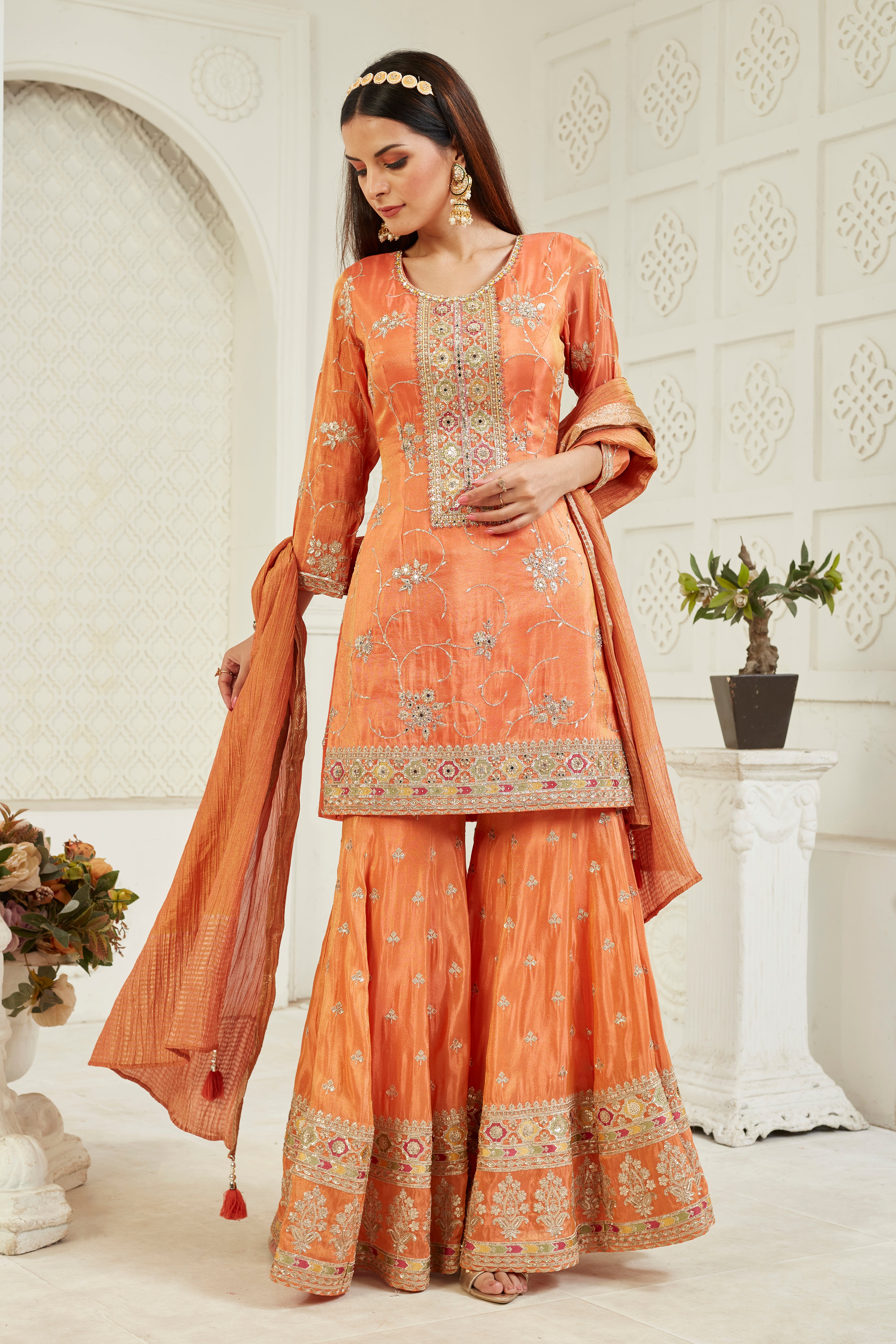 Festive Orange Embellished Chinon Silk Palazzo Set