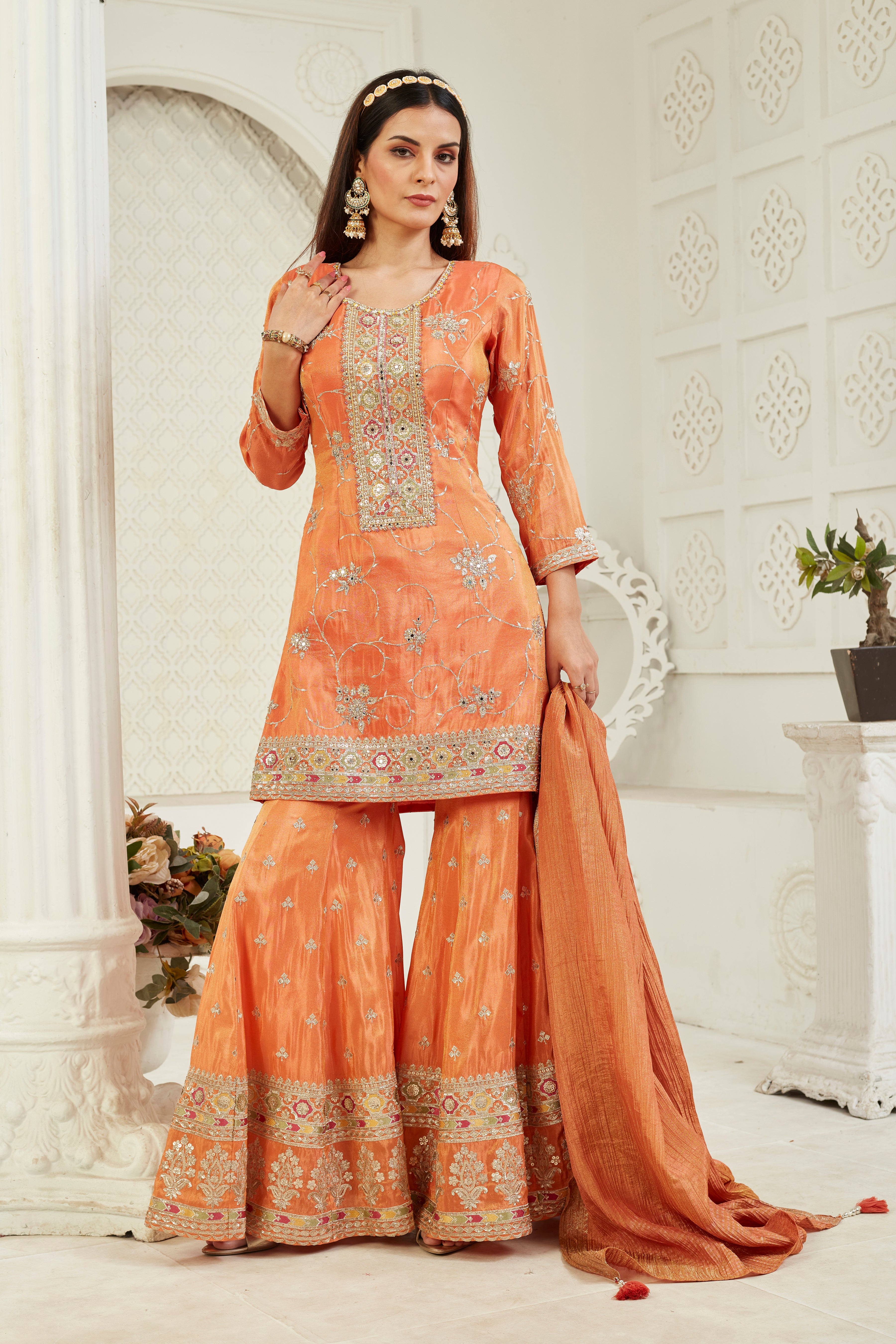 Festive Orange Embellished Chinon Silk Palazzo Set