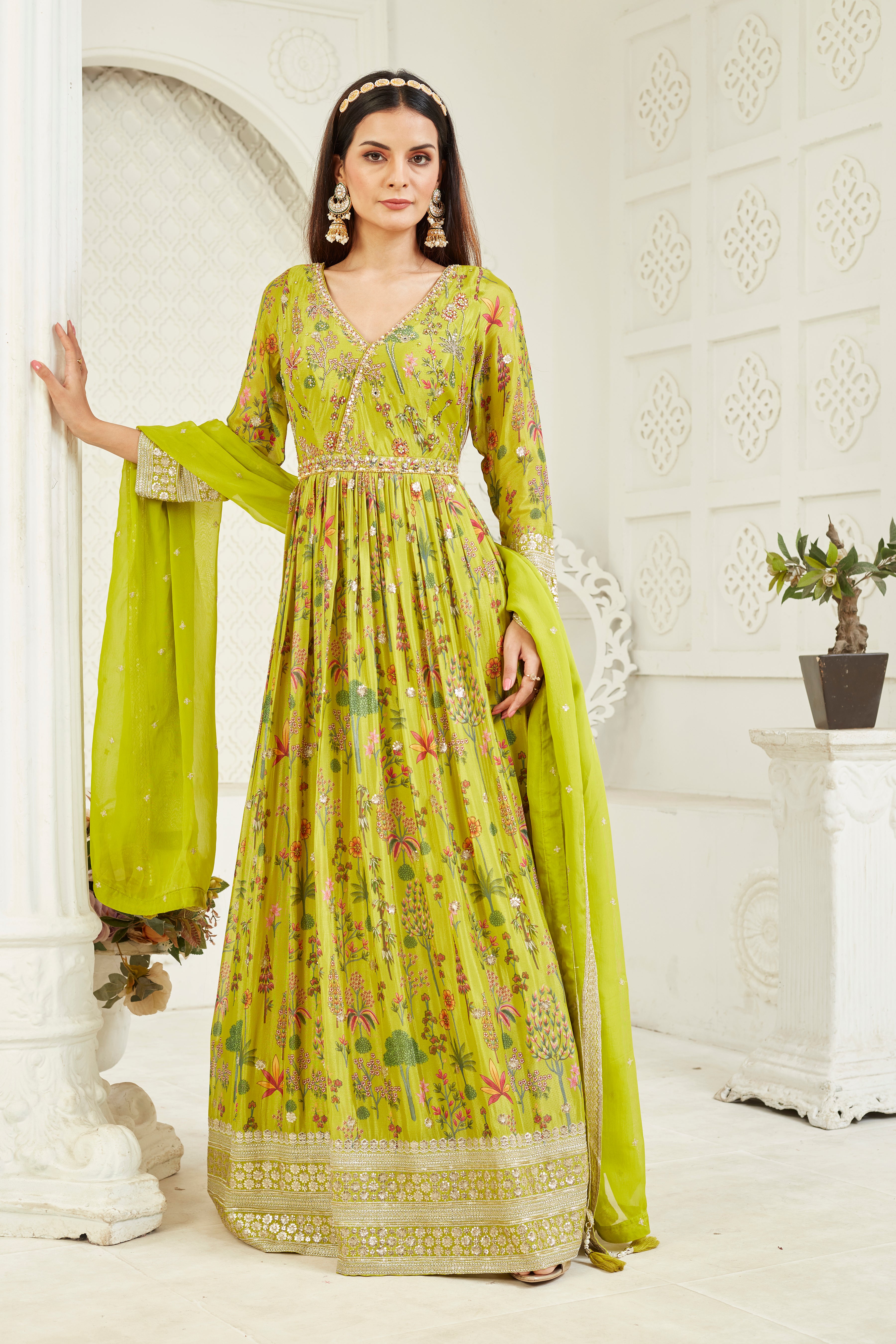 Green Embellished Georgette Silk Anarkali Set