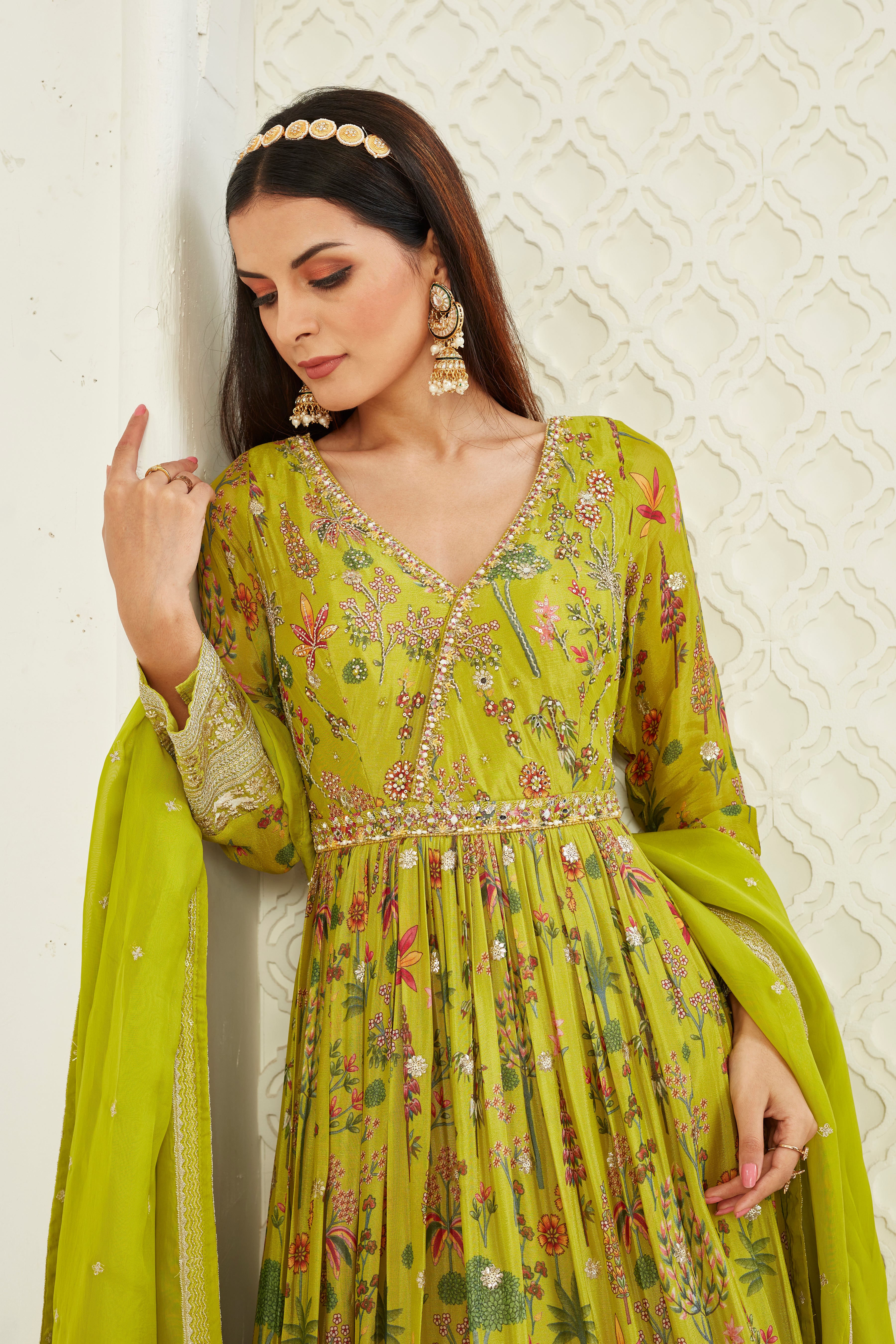 Green Embellished Georgette Silk Anarkali Set