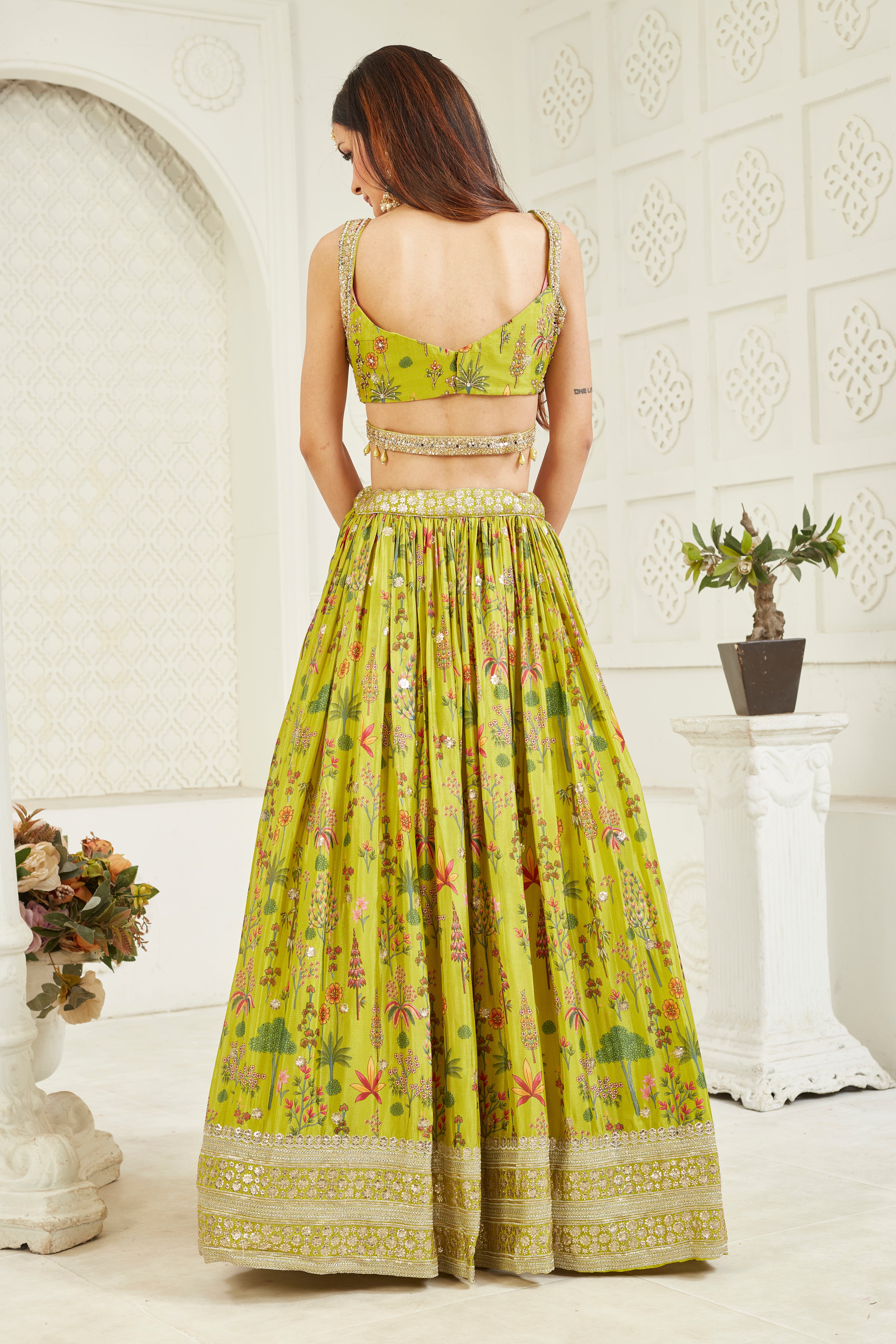 Green Amore Floral Printed Georgette Silk Lehenga Set