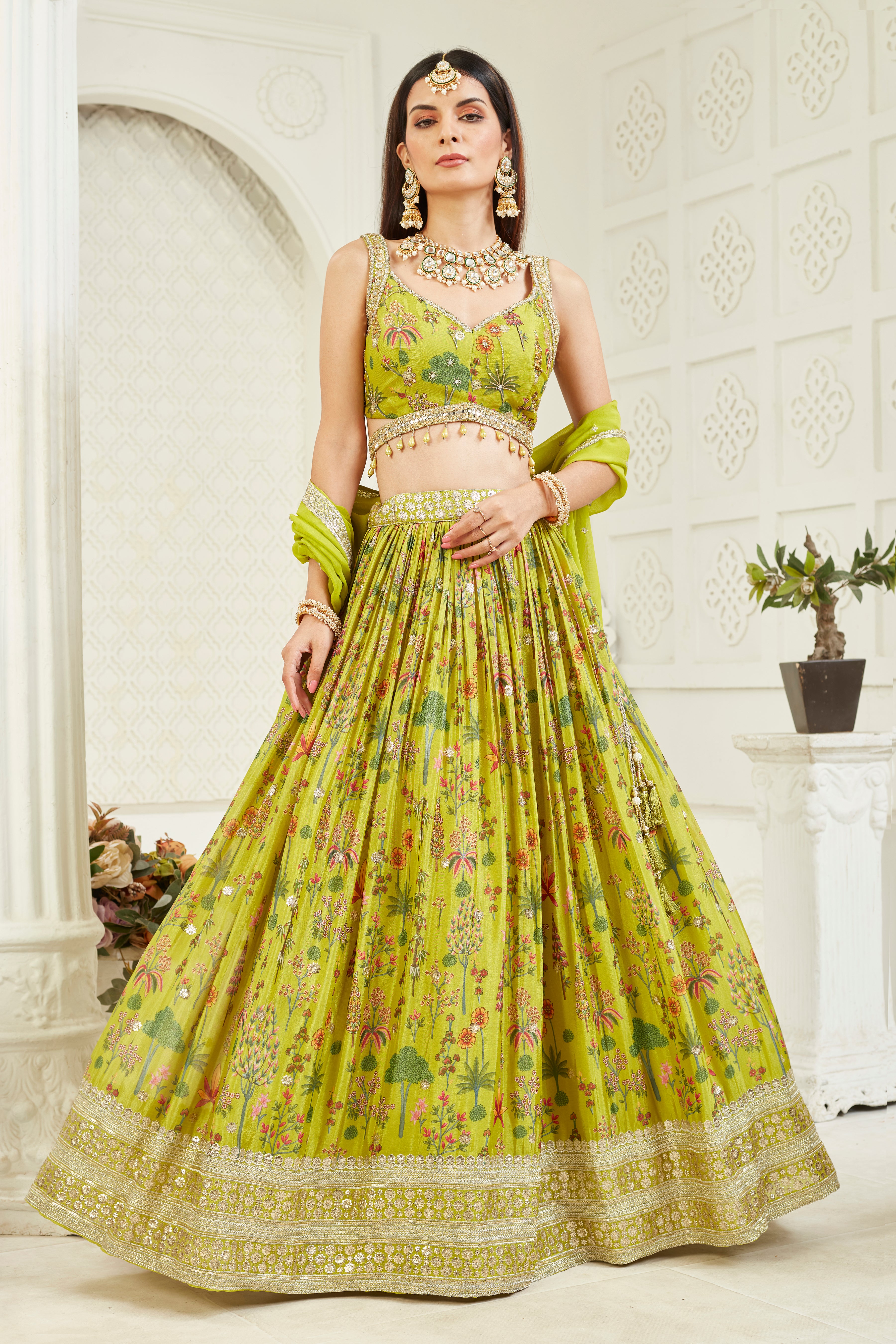 Green Amore Floral Printed Georgette Silk Lehenga Set