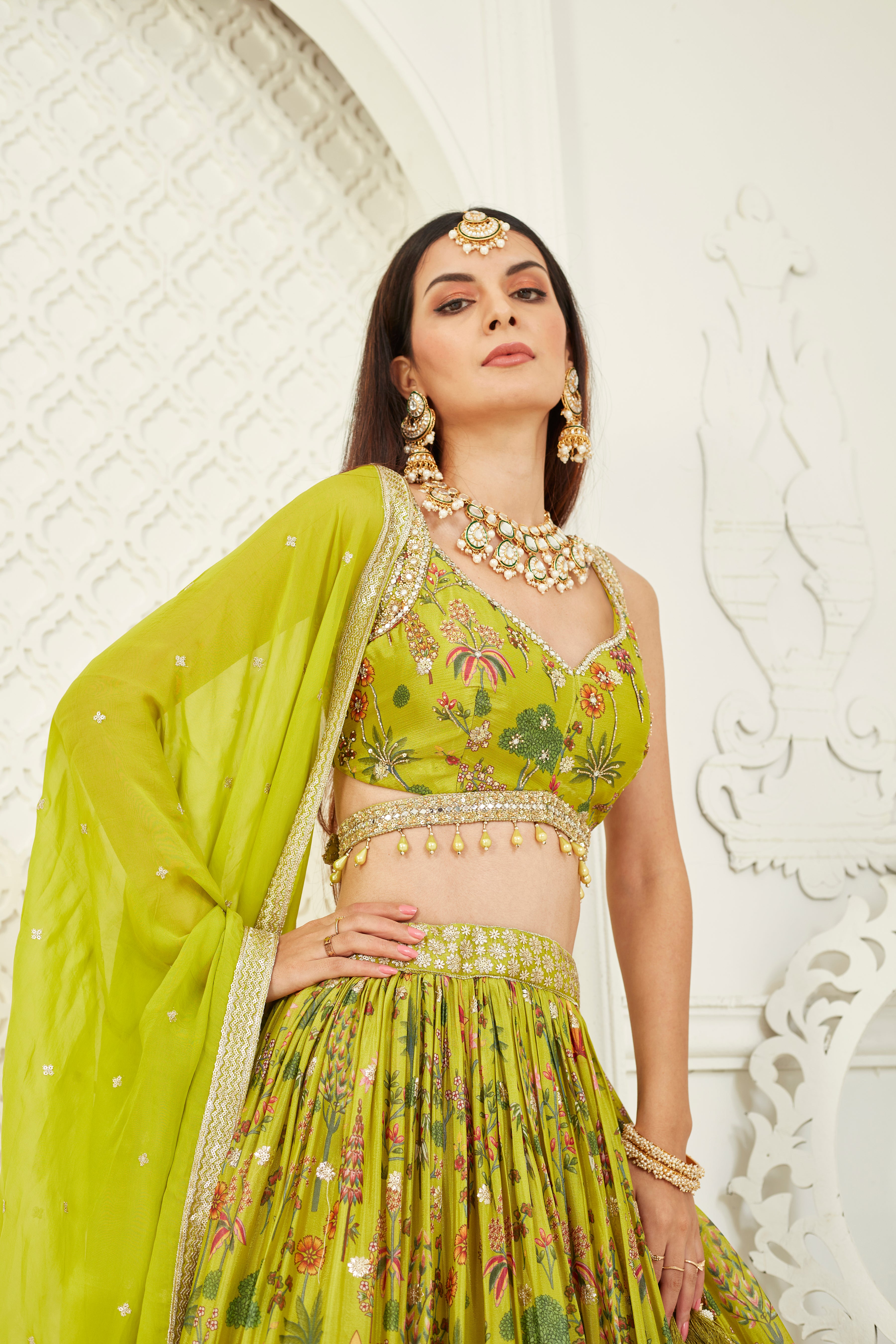 Green Amore Floral Printed Georgette Silk Lehenga Set