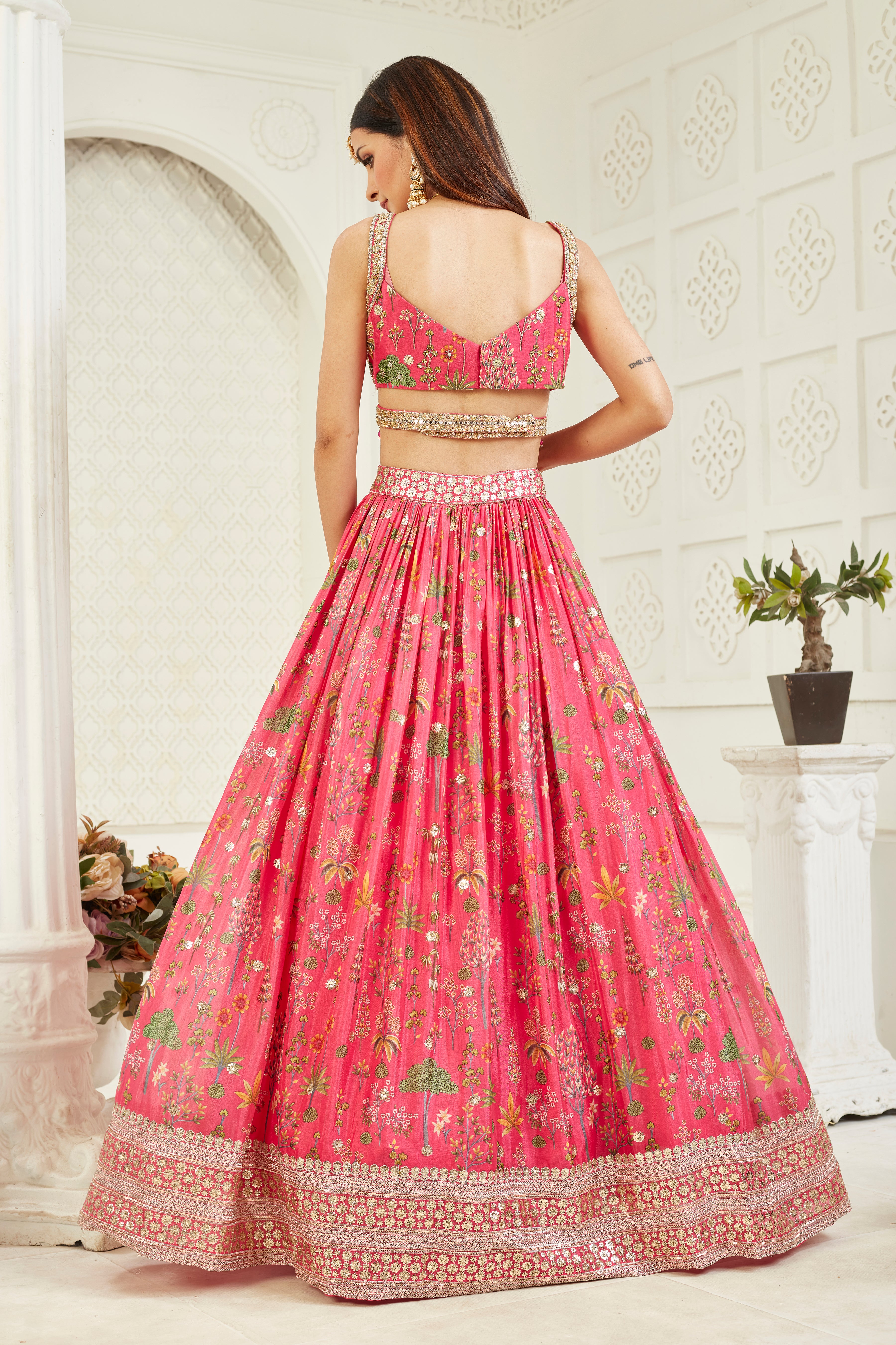 Pink Amore Floral Printed Georgette Silk Lehenga Set
