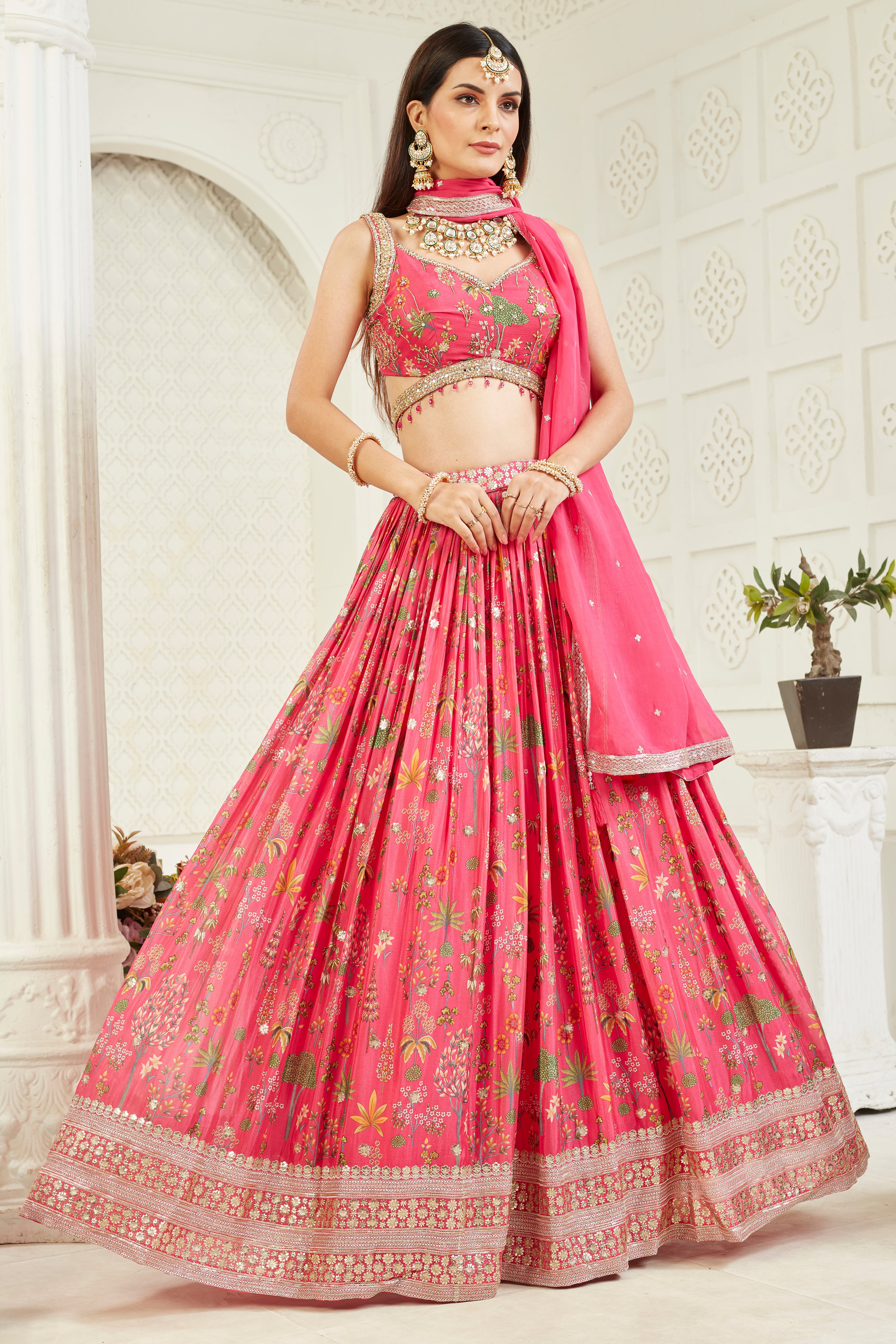 Pink Amore Floral Printed Georgette Silk Lehenga Set