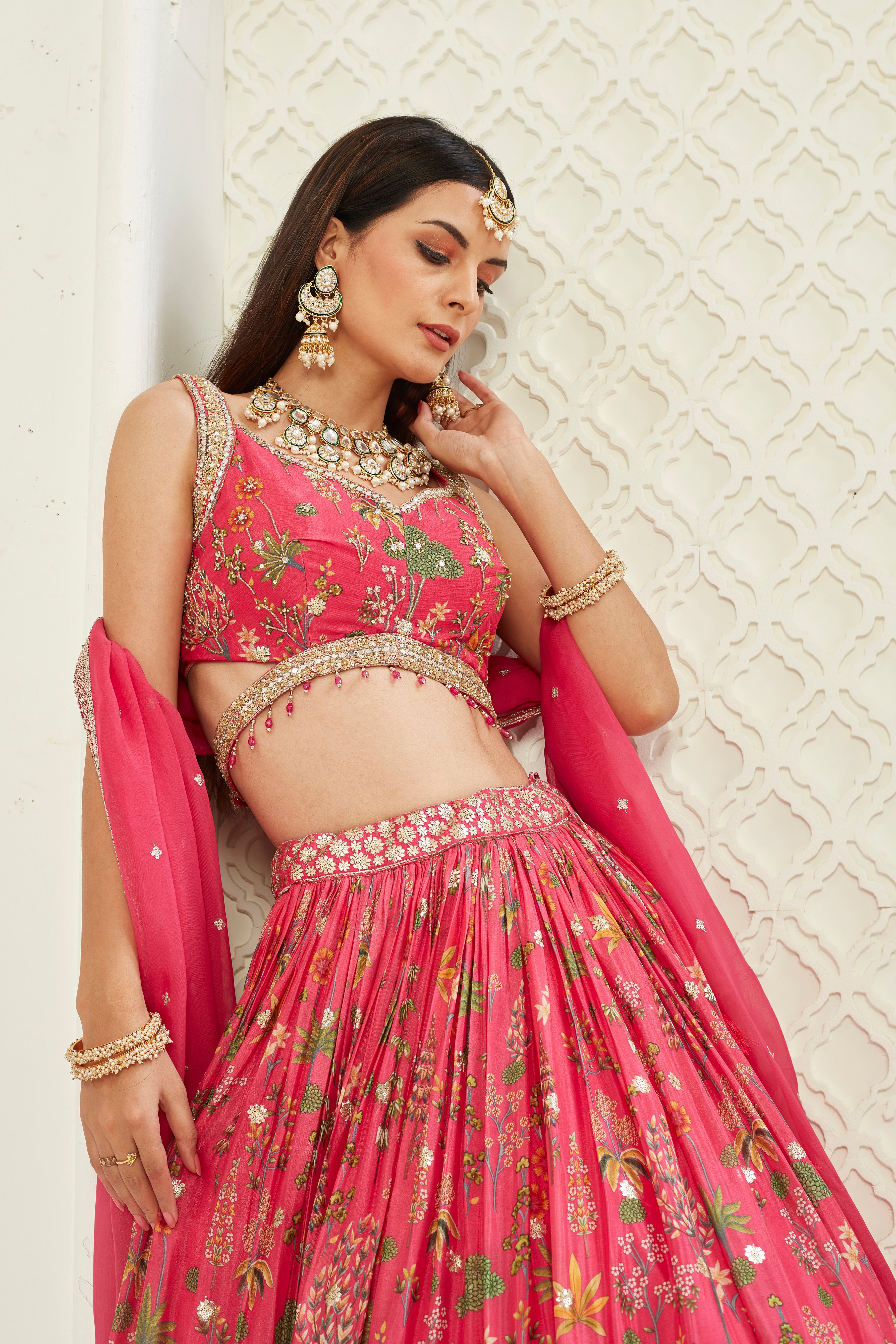 Pink Amore Floral Printed Georgette Silk Lehenga Set