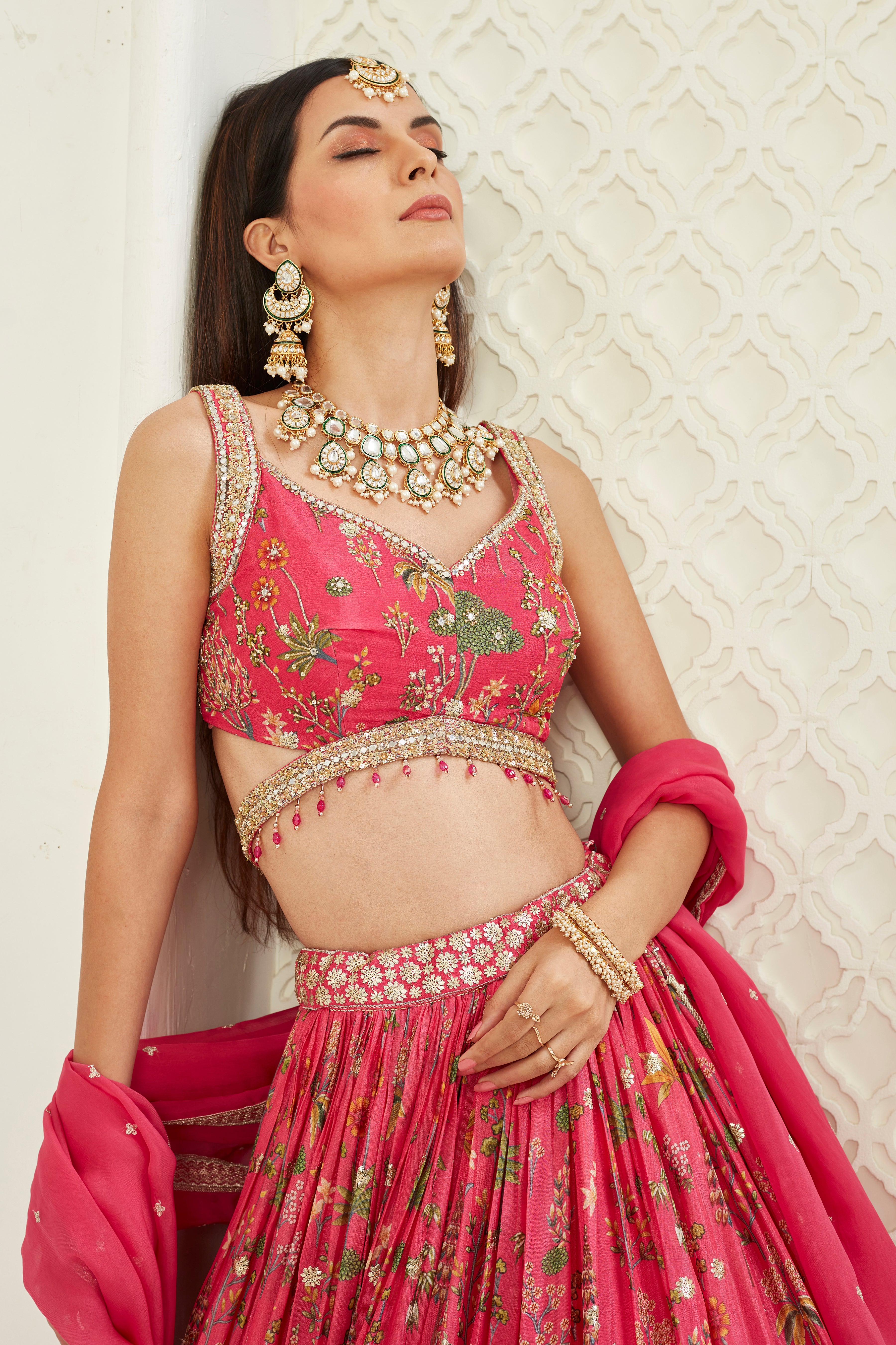 Pink Amore Floral Printed Georgette Silk Lehenga Set