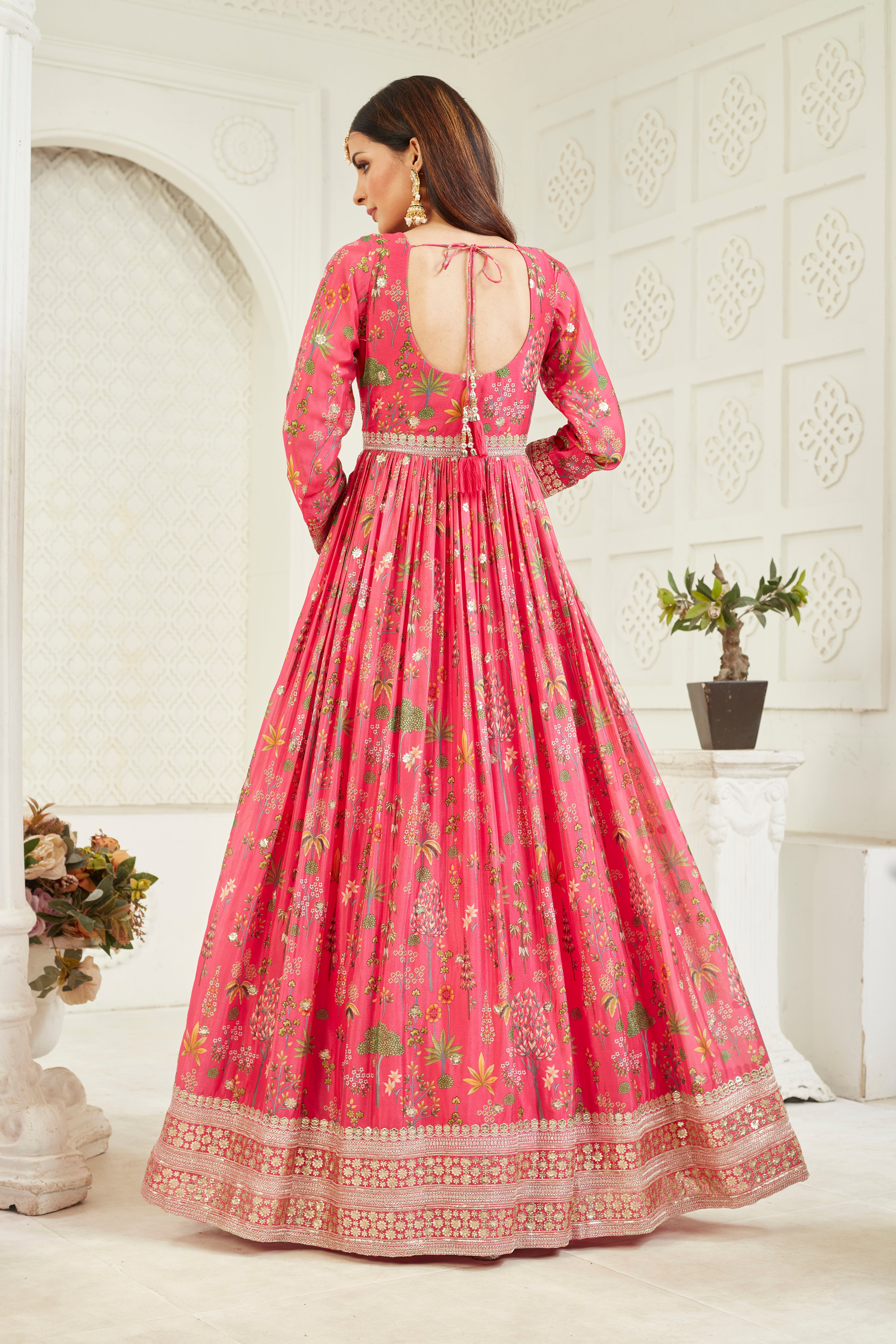 Pink Embellished Georgette Silk Anarkali Set