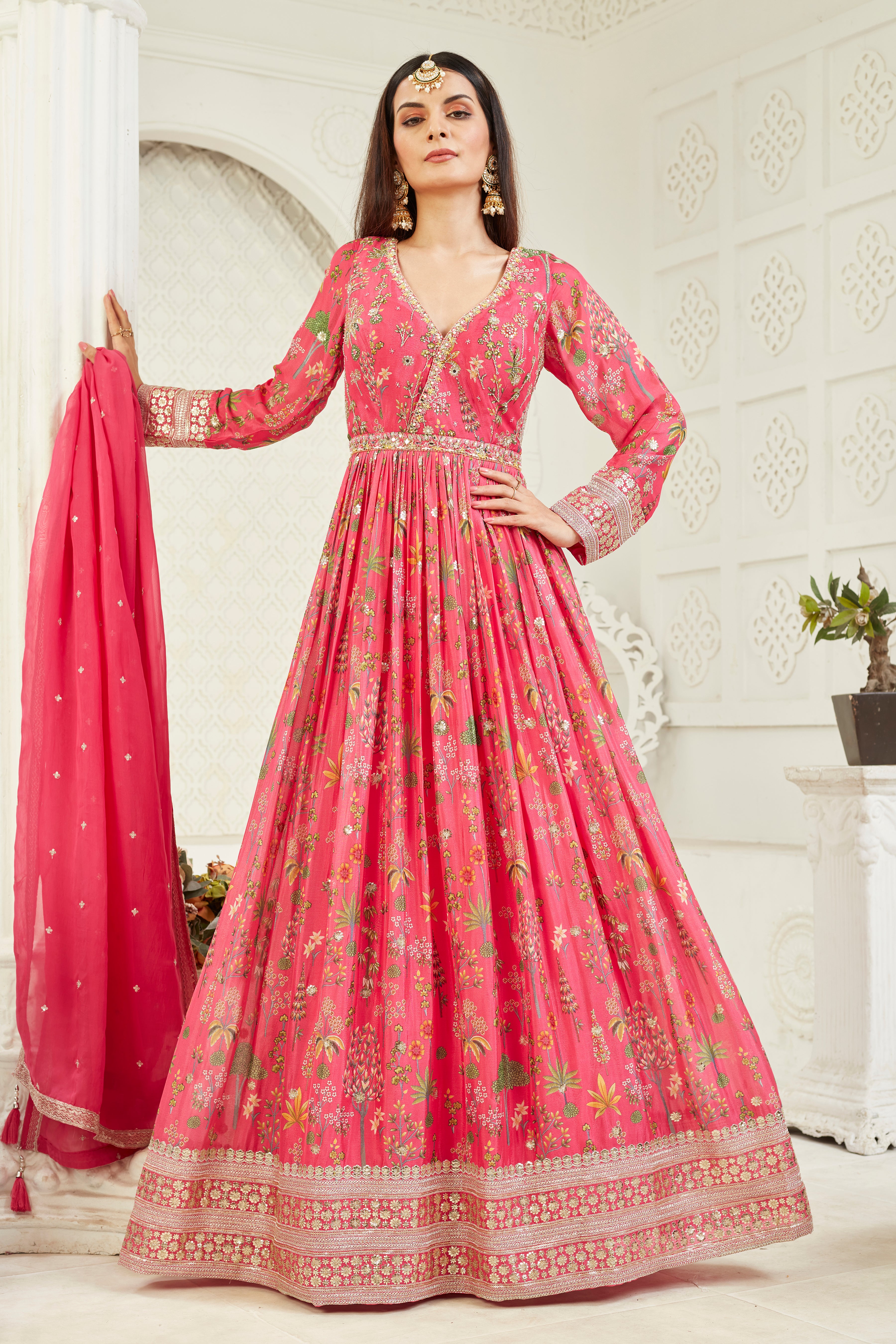 Pink Embellished Georgette Silk Anarkali Set