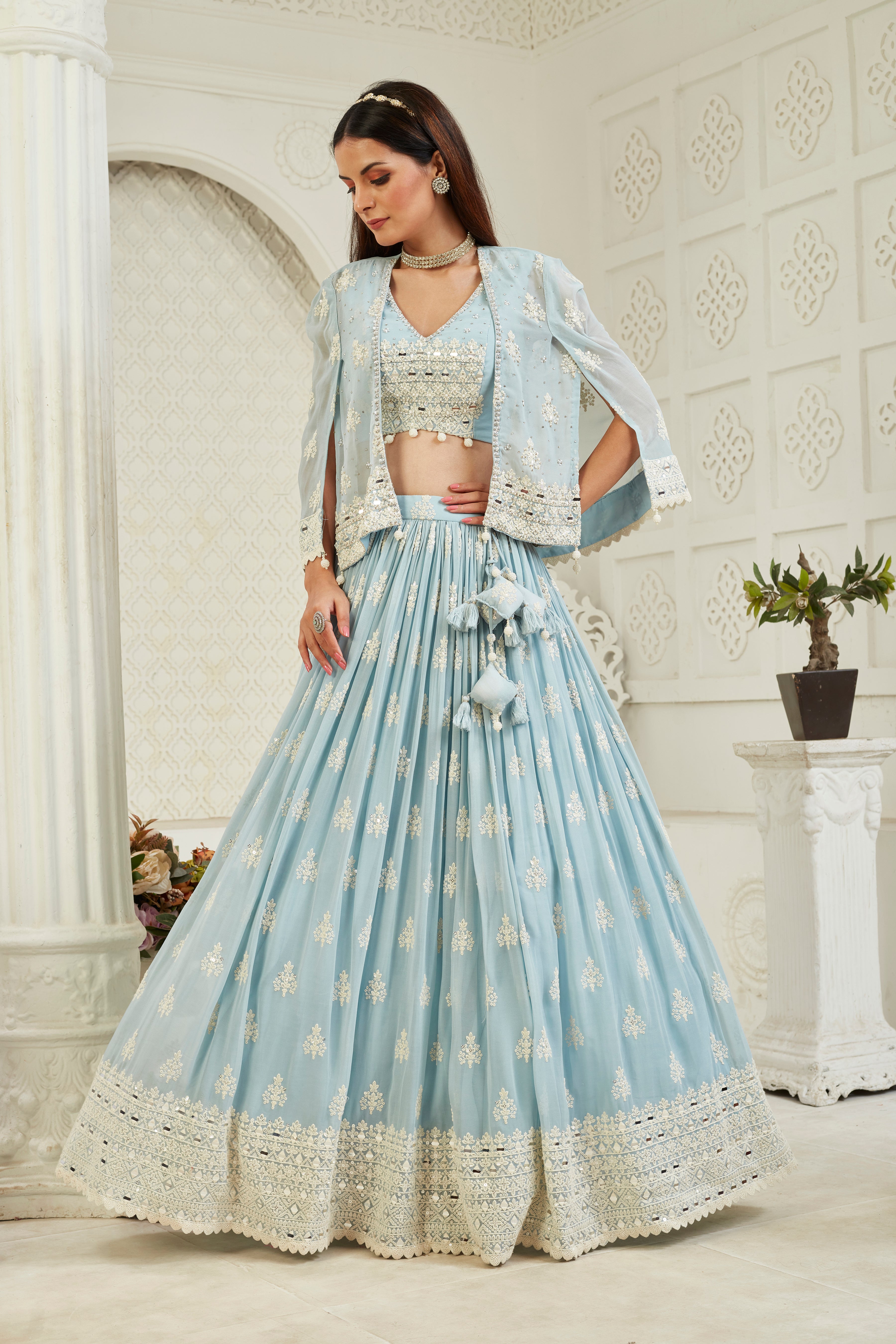 Pastel Blue Handwork Georgette Silk Lehenga Set