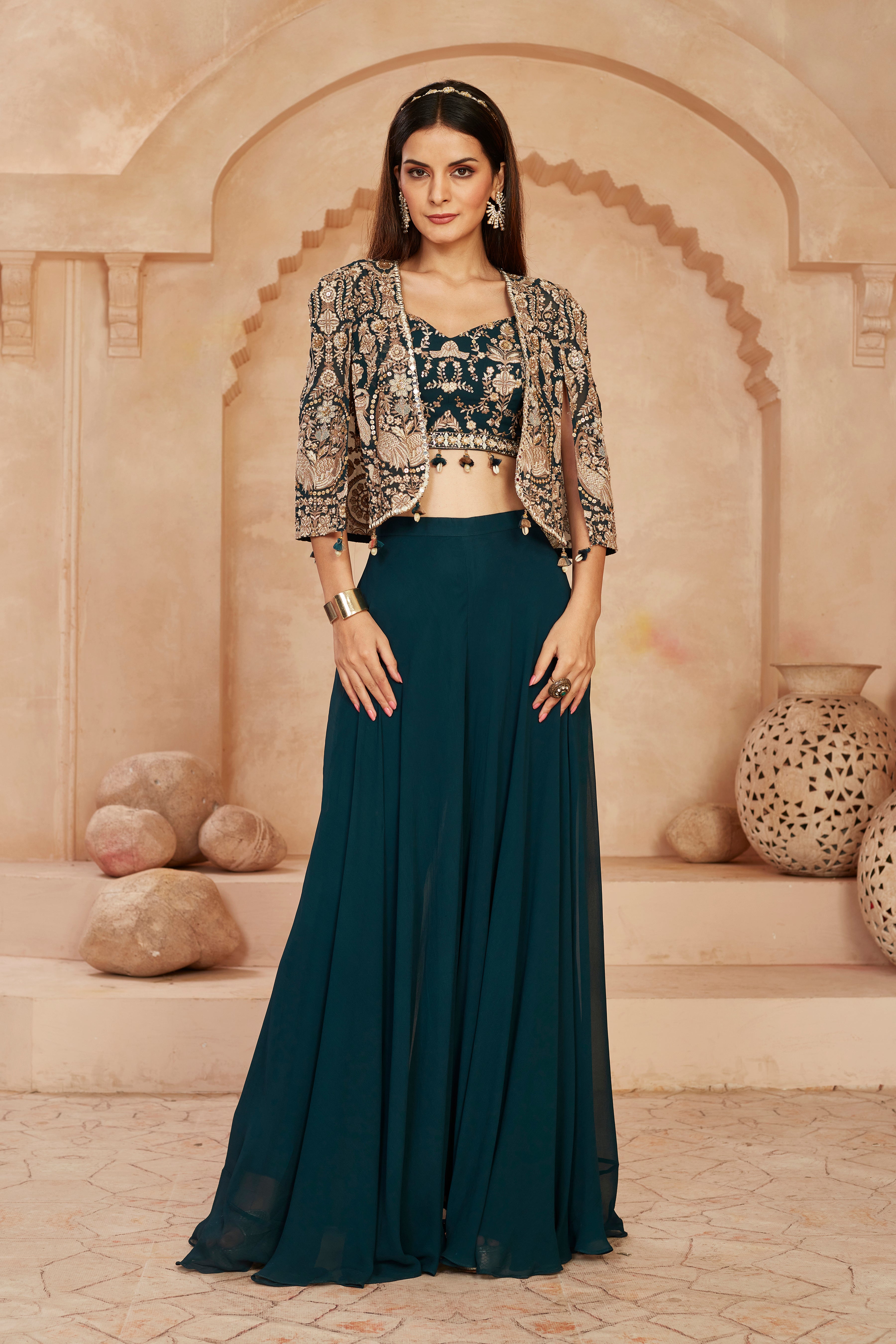 Teal Embellished Georgette Silk Cape Set