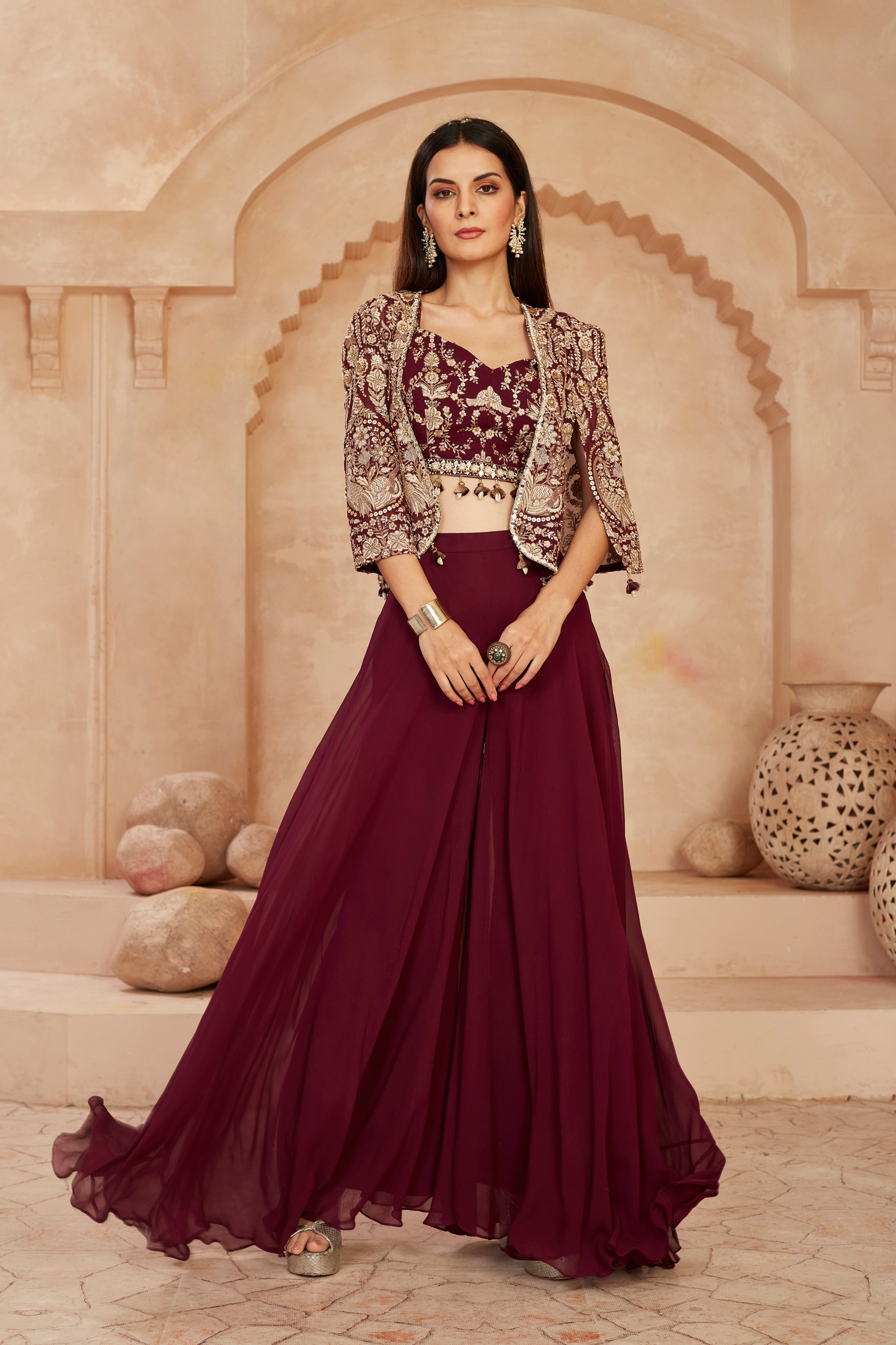 Wine Embellished Georgette Silk Cape Set