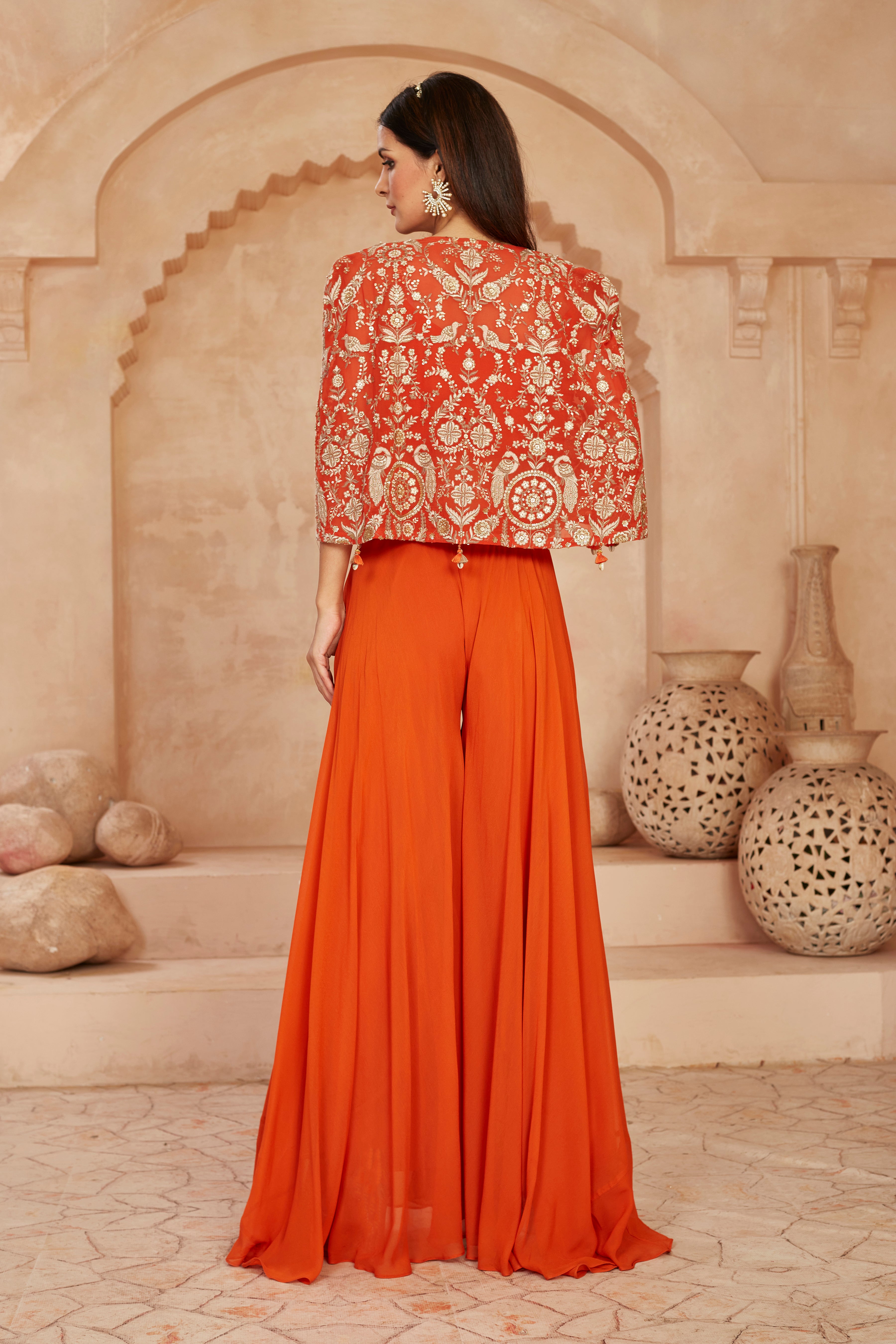 Orange Embellished Georgette Silk Cape Set