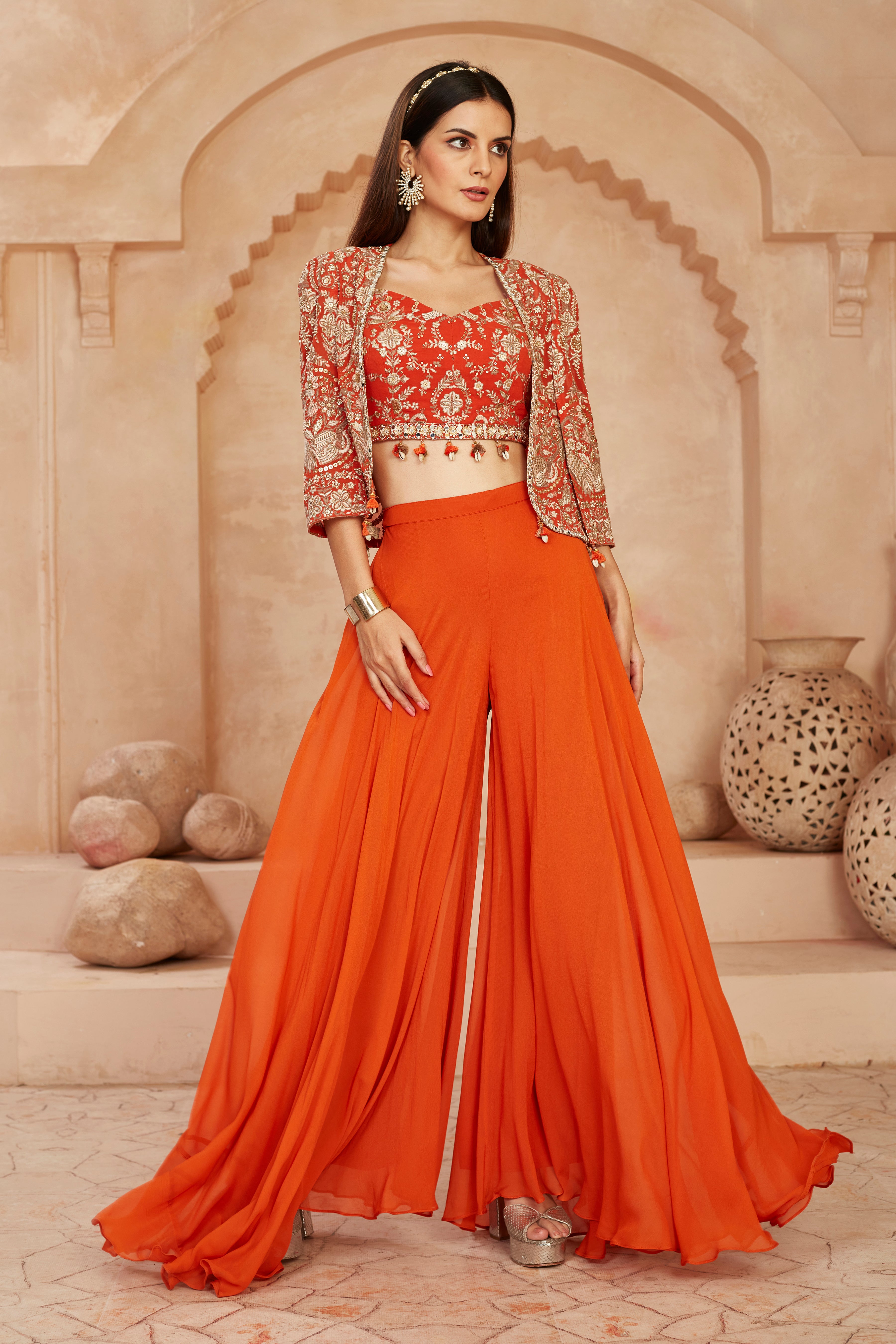 Orange Embellished Georgette Silk Cape Set