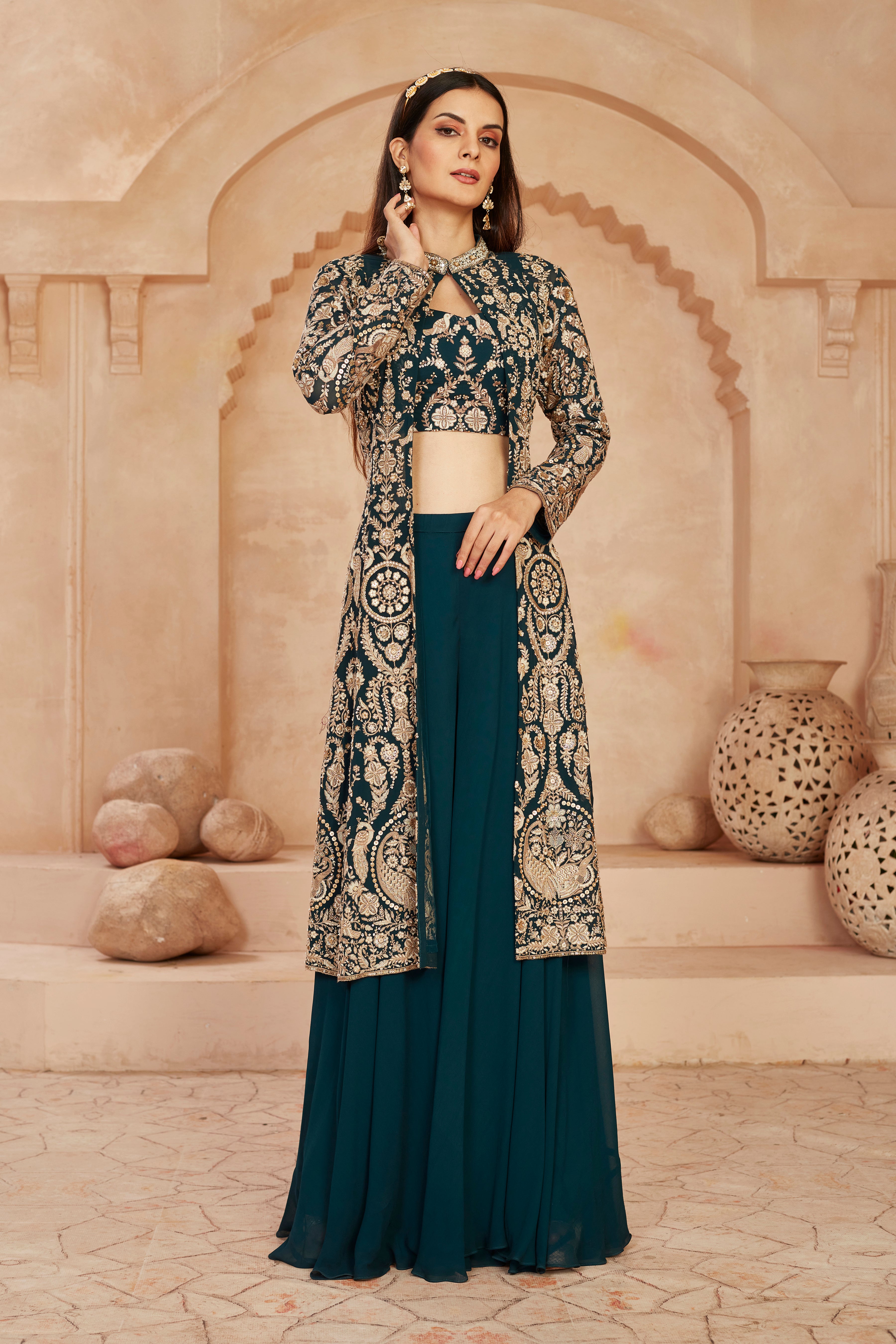 Teal Embellished Georgette Silk Cape Set