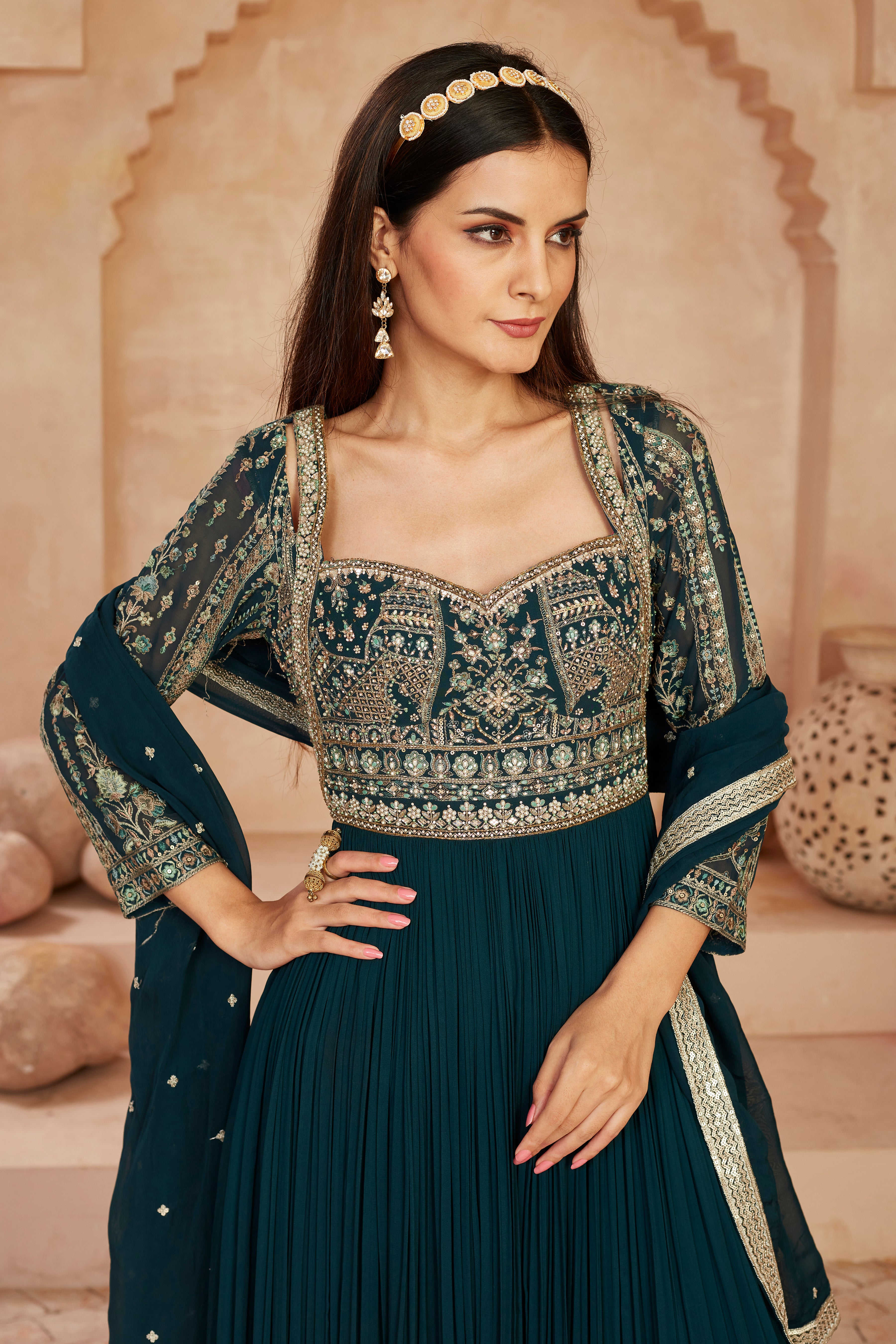 Emerald Embroidered Georgette Silk Anarkali Set