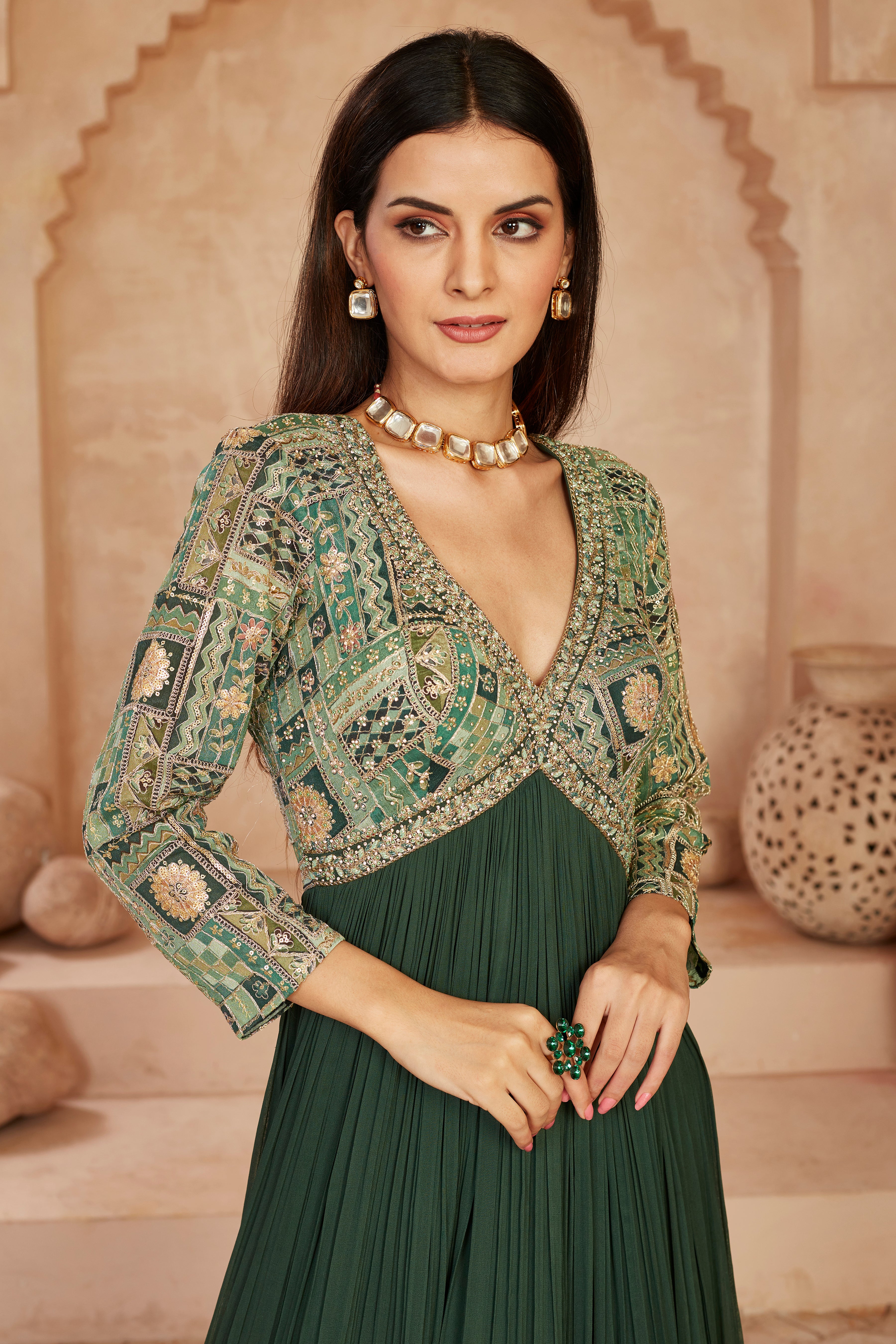 Emerald Embellished Georgette Silk Anarkali Set
