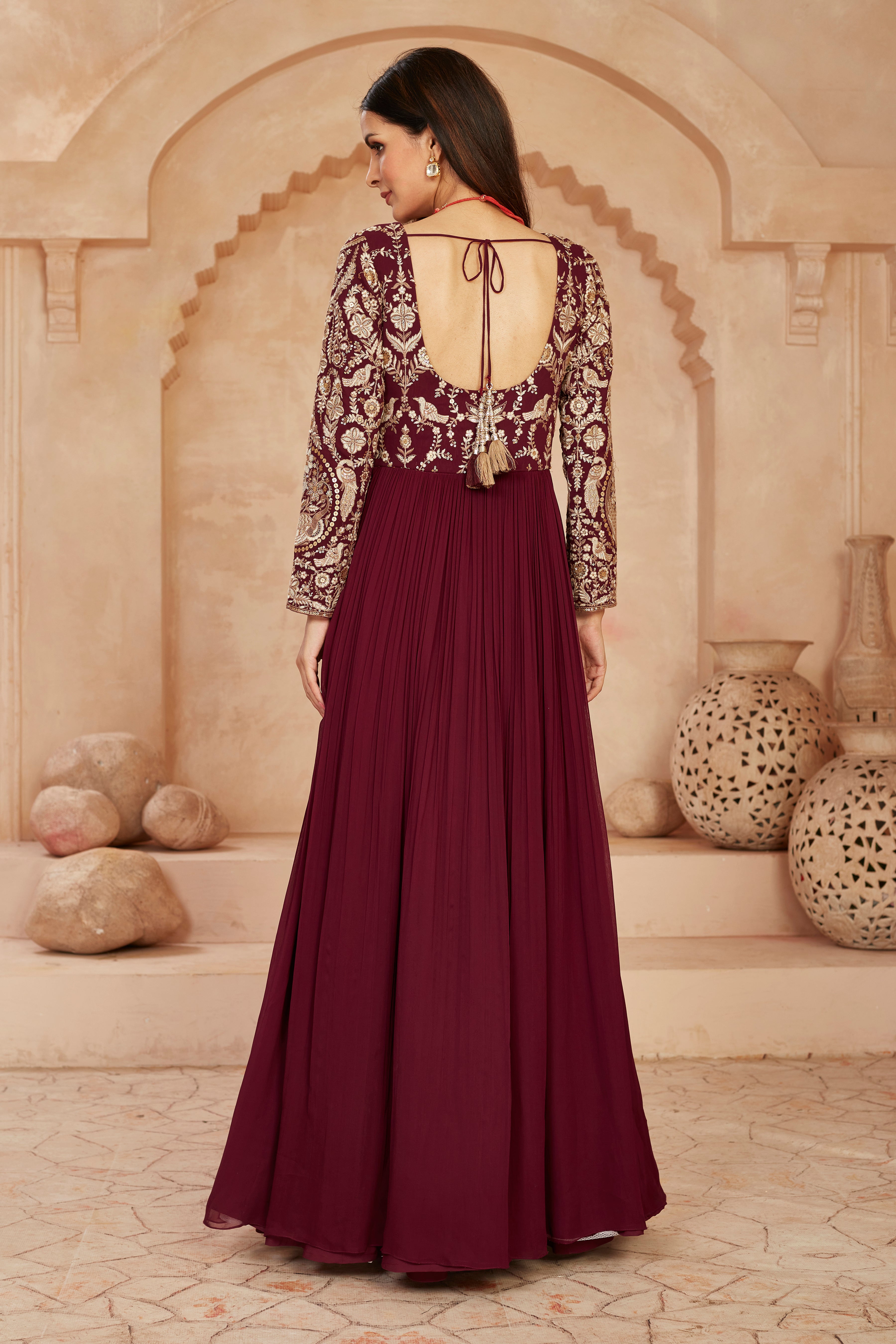 Wine Floral Embroidered Georgette Silk Anarkali Set