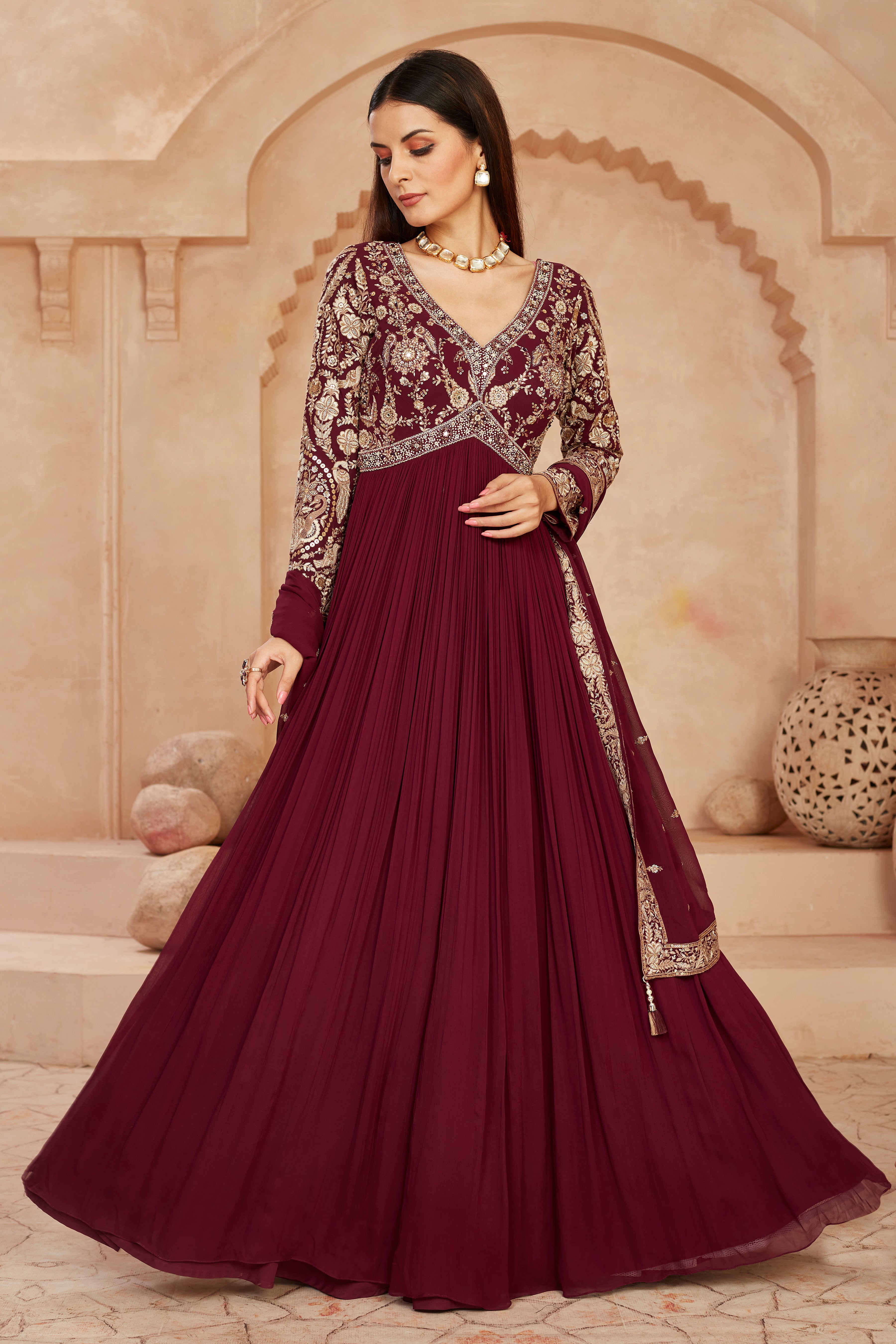Wine Floral Embroidered Georgette Silk Anarkali Set