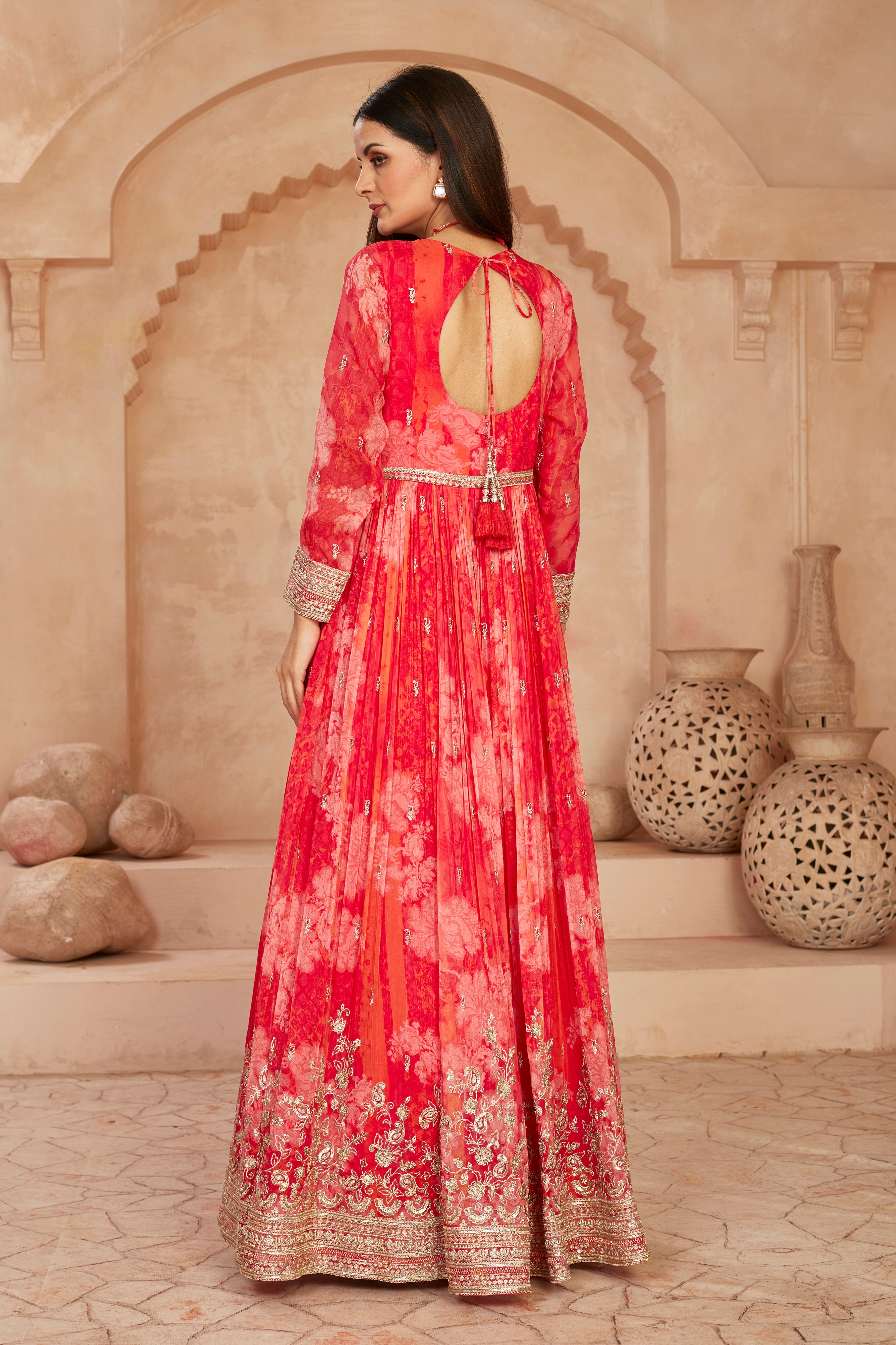 Cerise Red Embellished Georgette Silk Anarkali Set