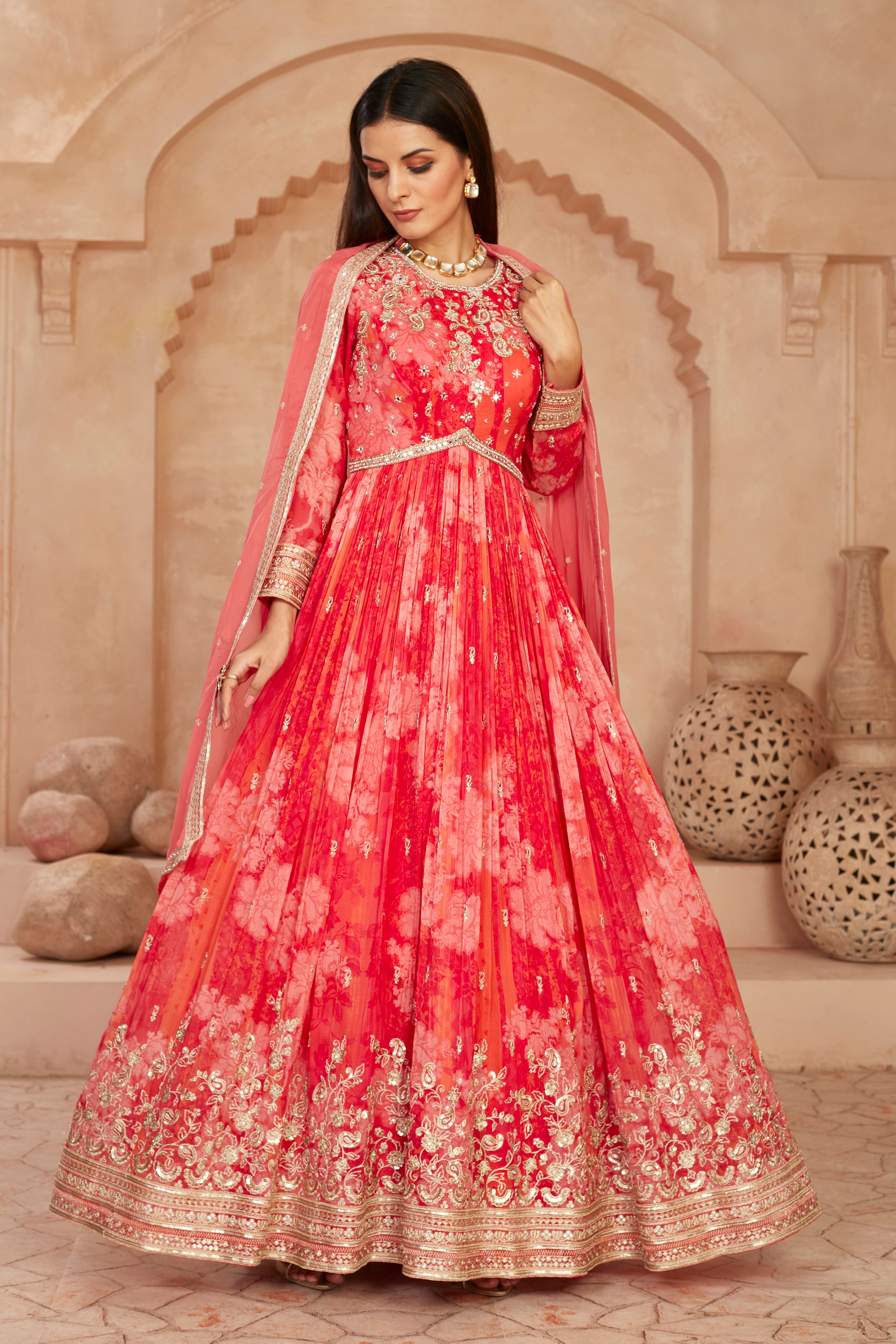 Cerise Red Embellished Georgette Silk Anarkali Set