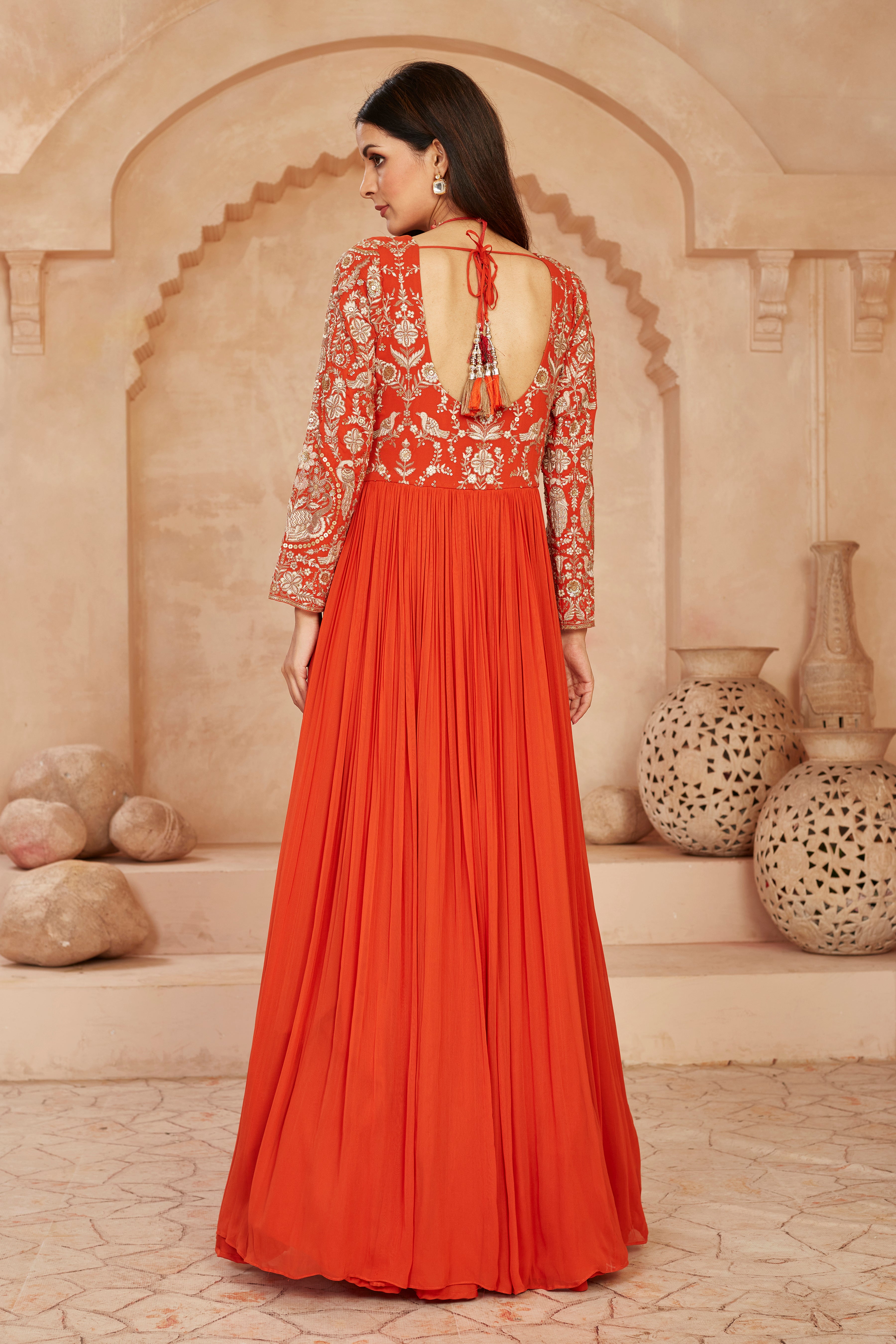 Orange Floral Embroidered Georgette Silk Anarkali Set