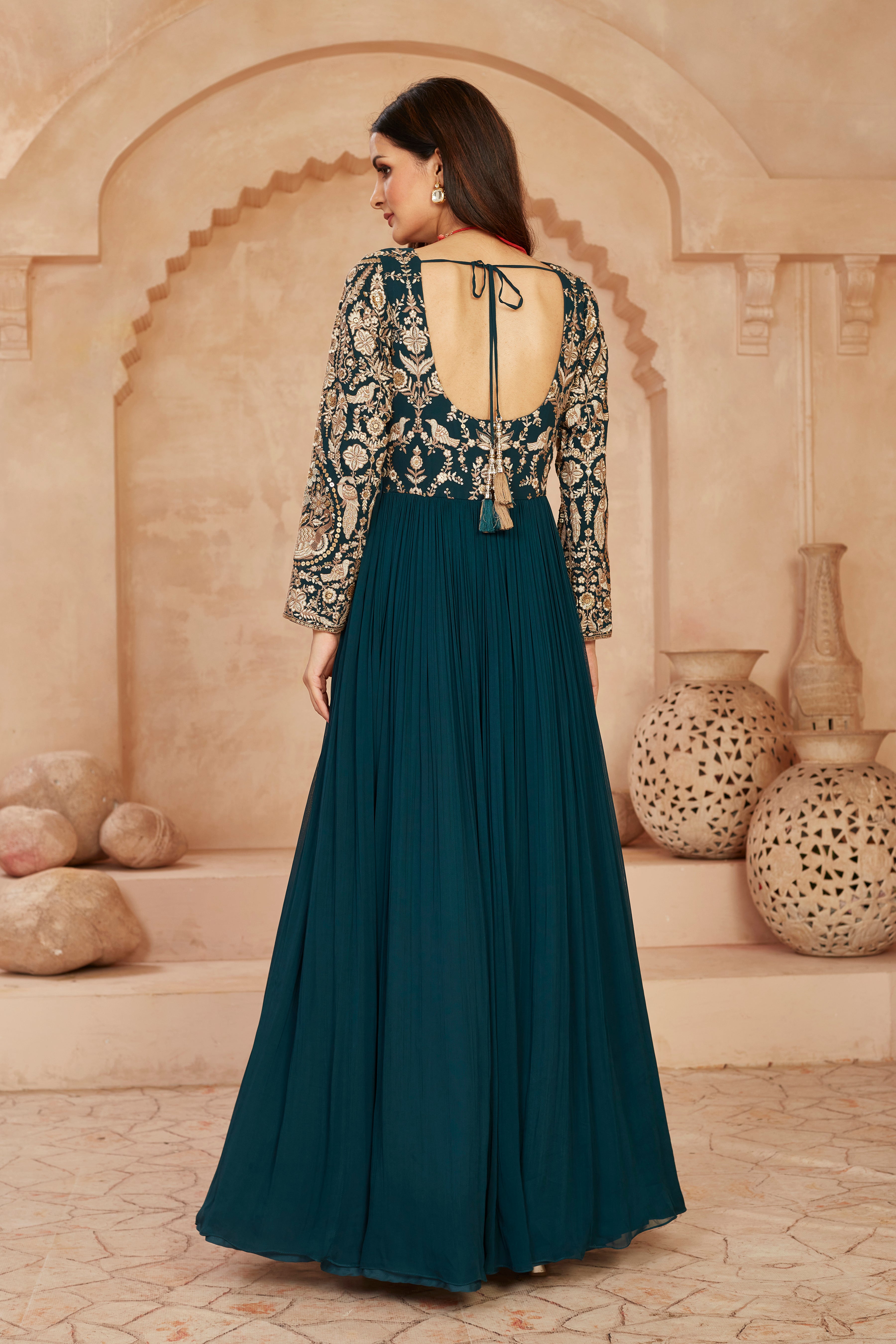 Teal Floral Embroidered Georgette Silk Anarkali Set