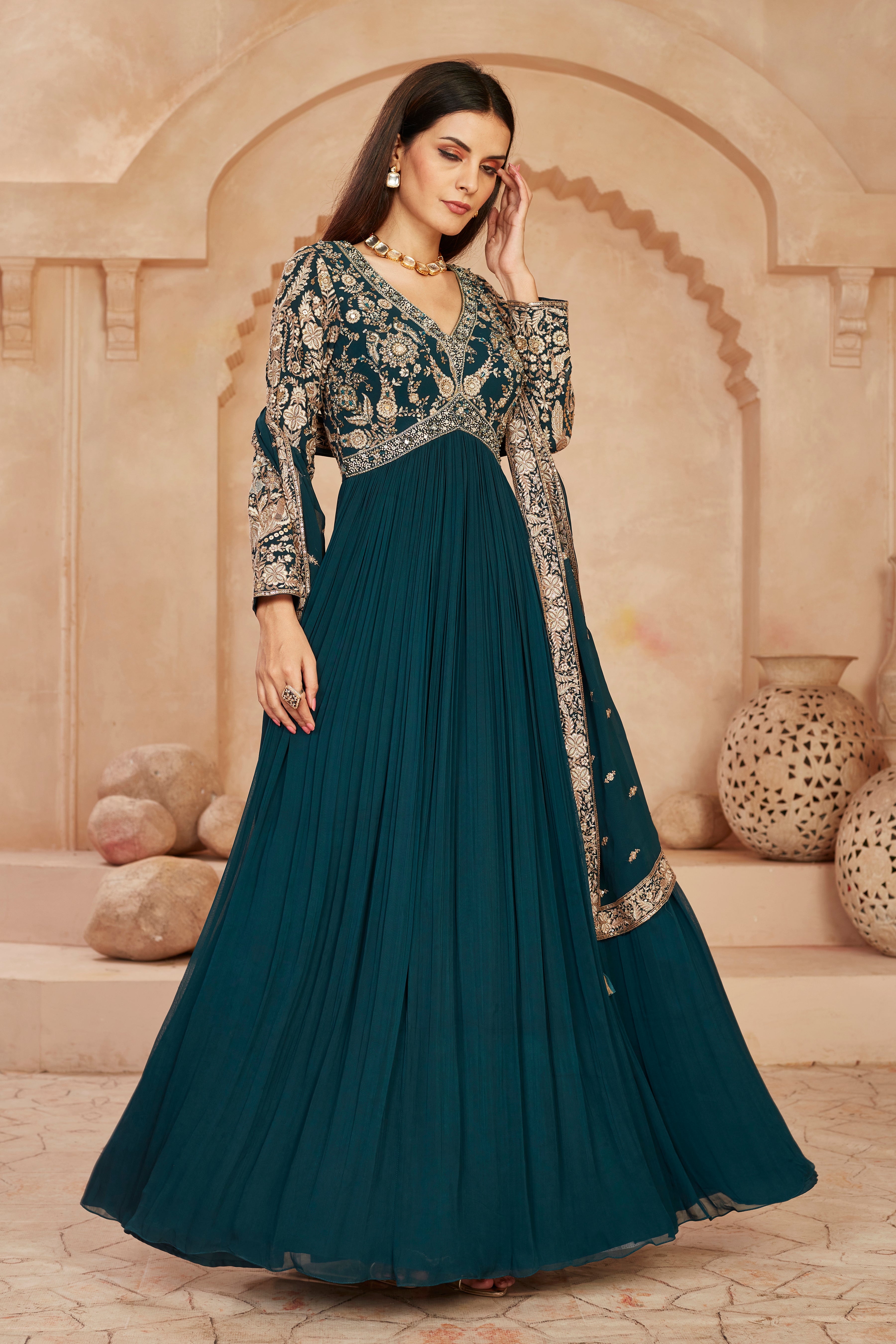 Teal Floral Embroidered Georgette Silk Anarkali Set