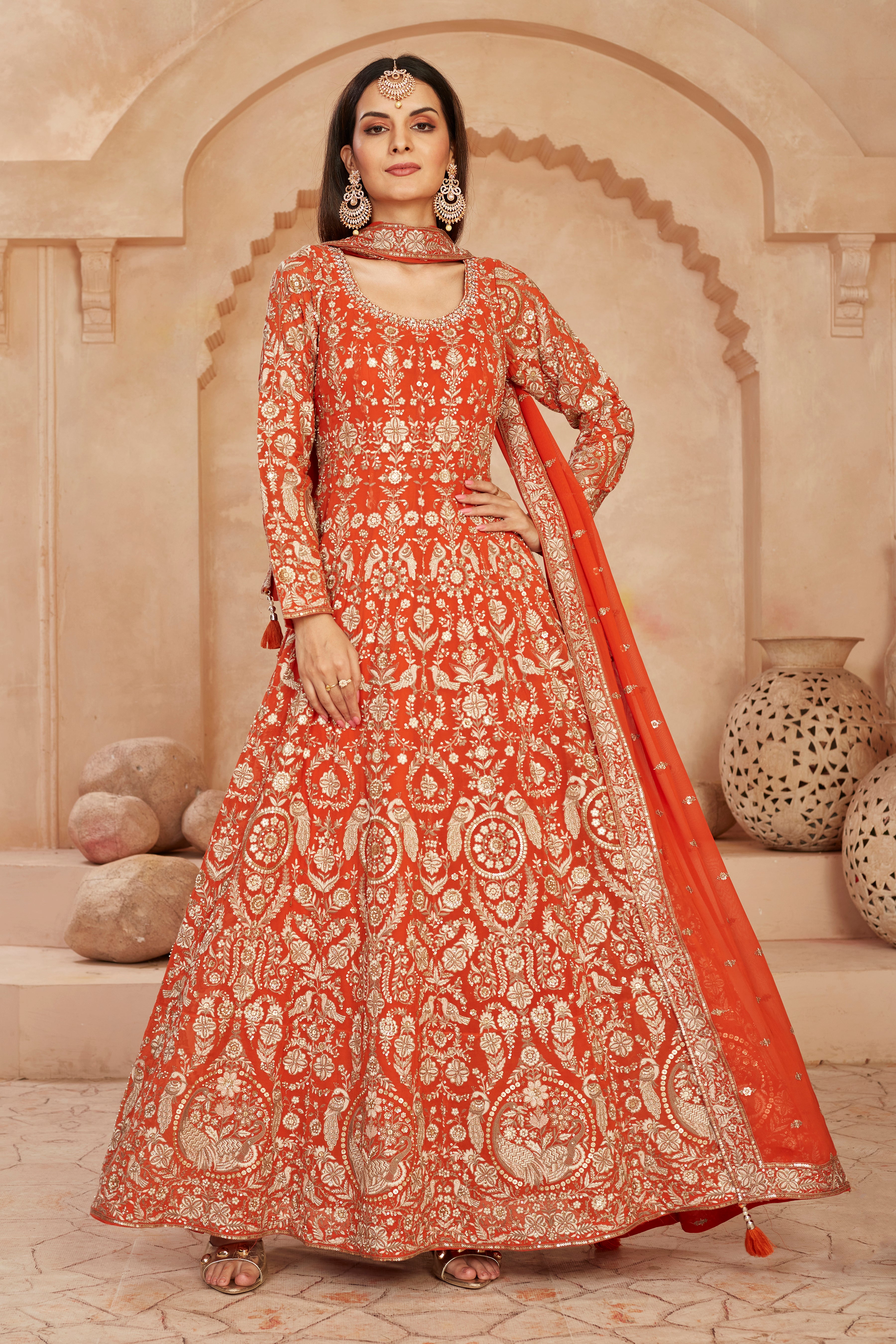 Orange Embroidered Georgette Silk Anarkali Set