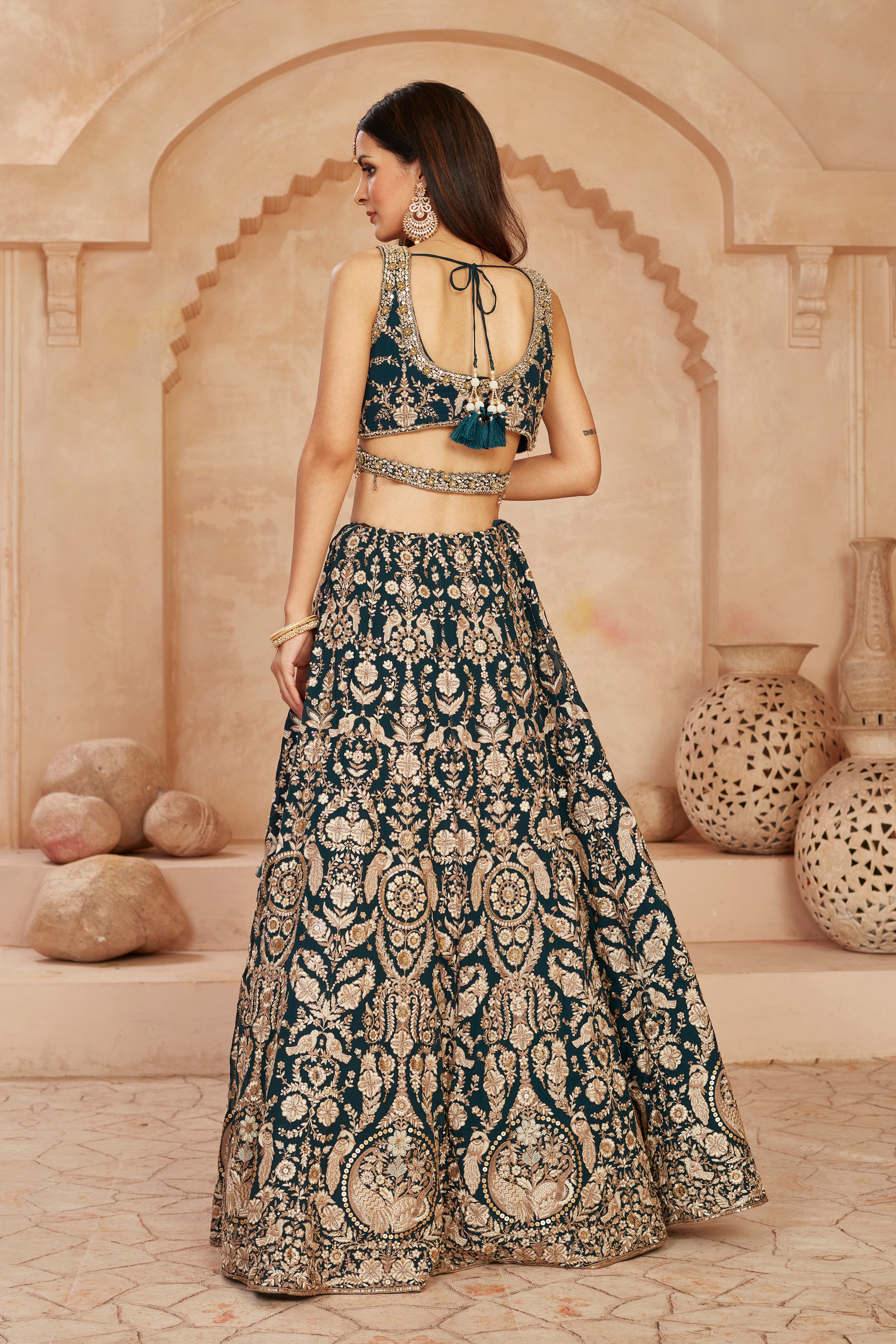 Teal Embellished Georgette Silk Lehenga Set