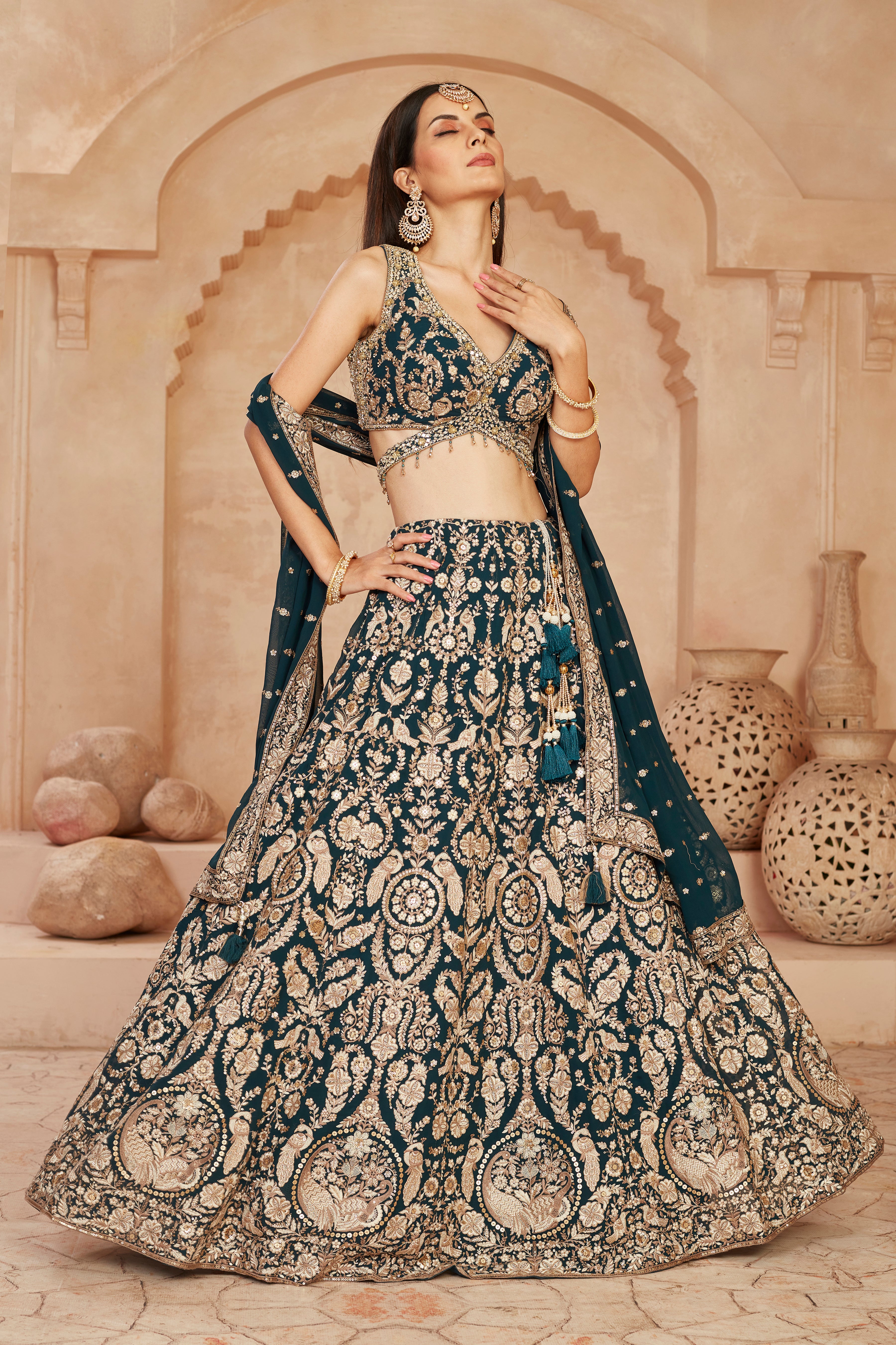 Teal Embellished Georgette Silk Lehenga Set