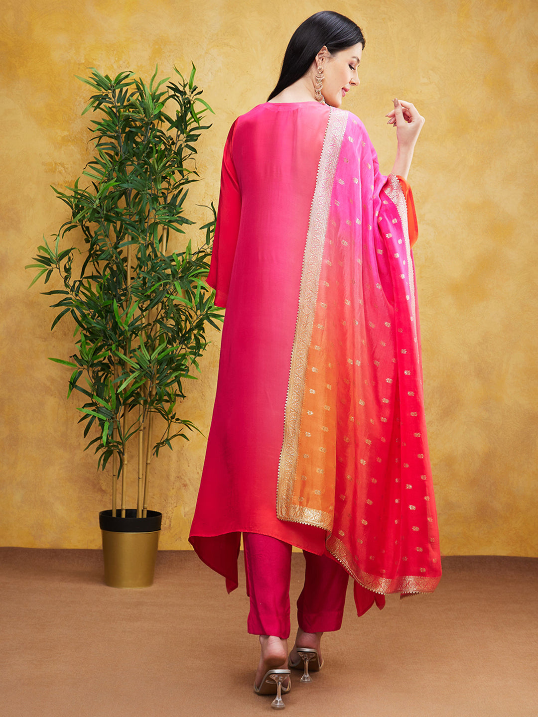 Hot Pink Ombre-Dyed Spanish Silk Pants Set