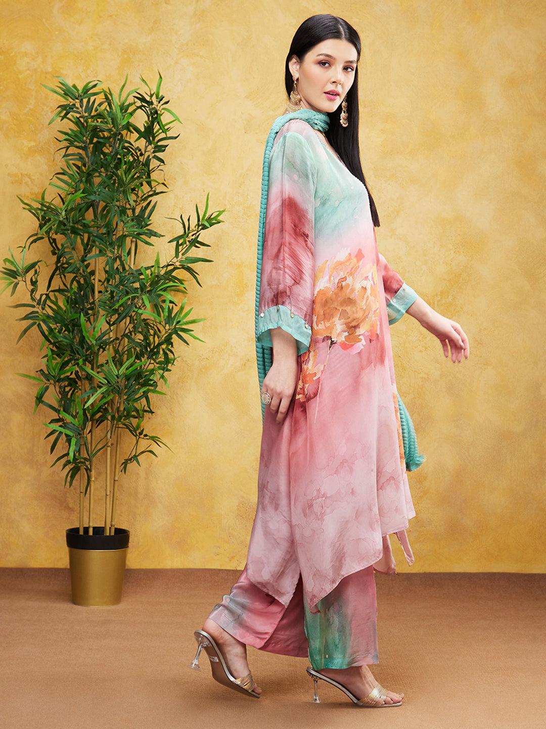 Rose Pink Digital Printed Premium Silk Palazzo Set