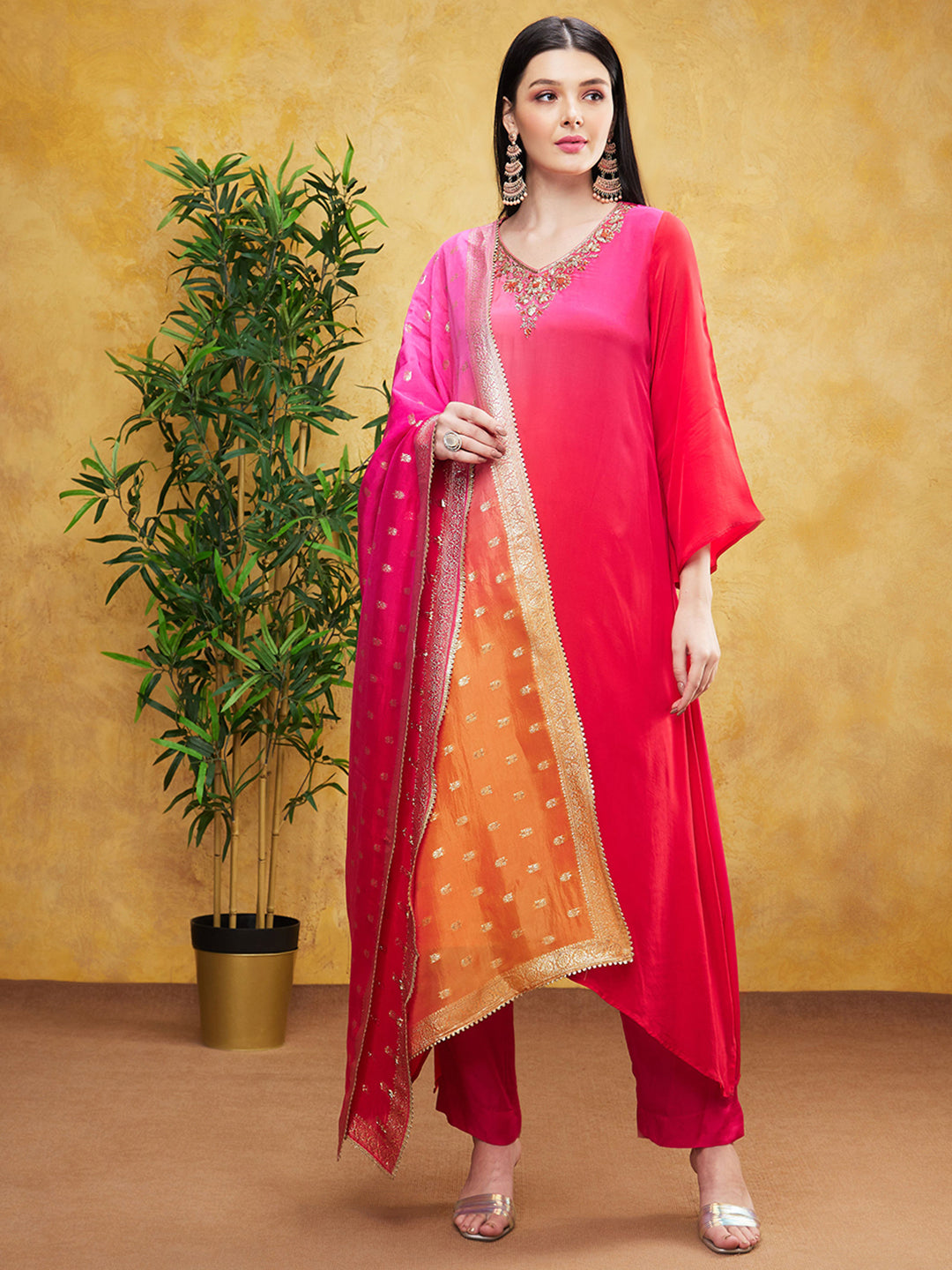 Hot Pink Ombre-Dyed Spanish Silk Pants Set