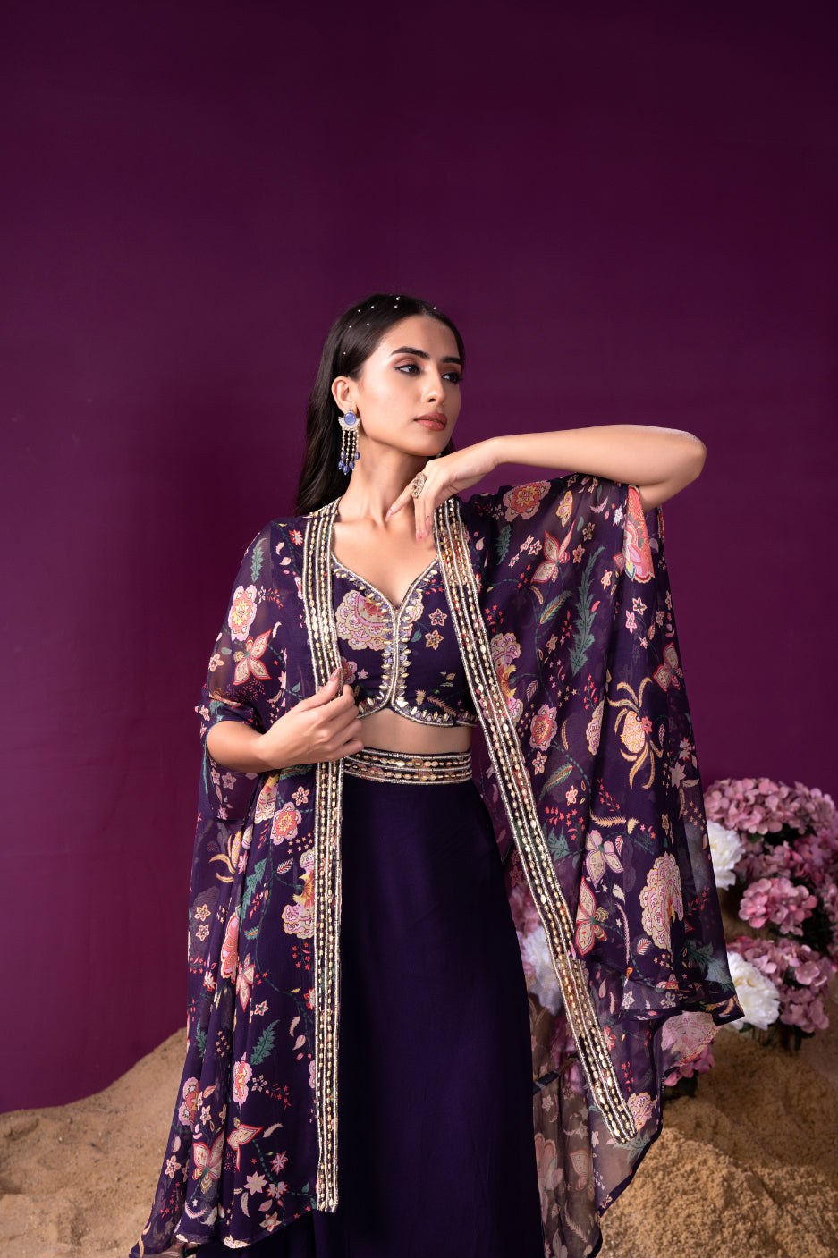 Festive Purple Floral Printed Cape Set