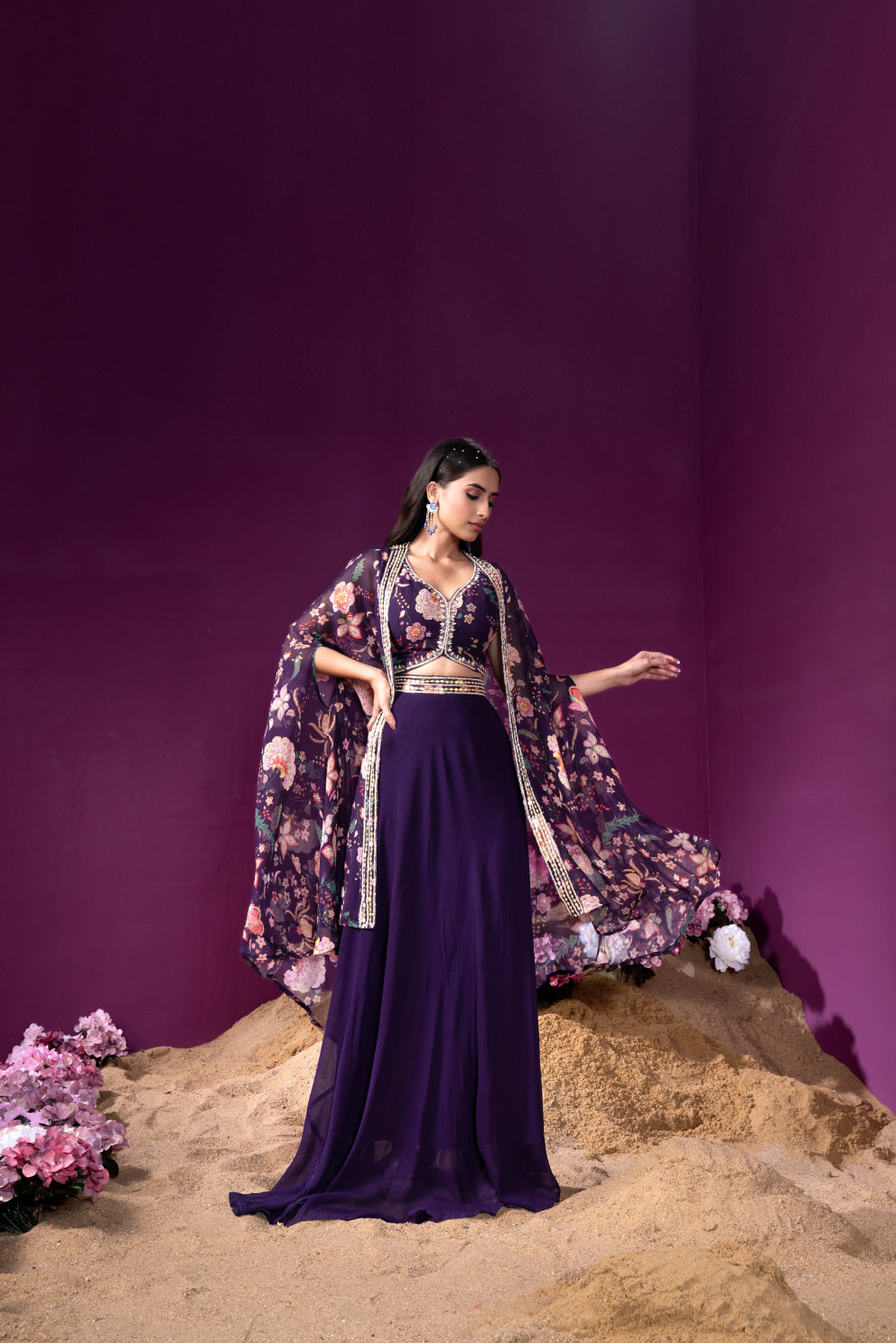 Festive Purple Floral Printed Cape Set