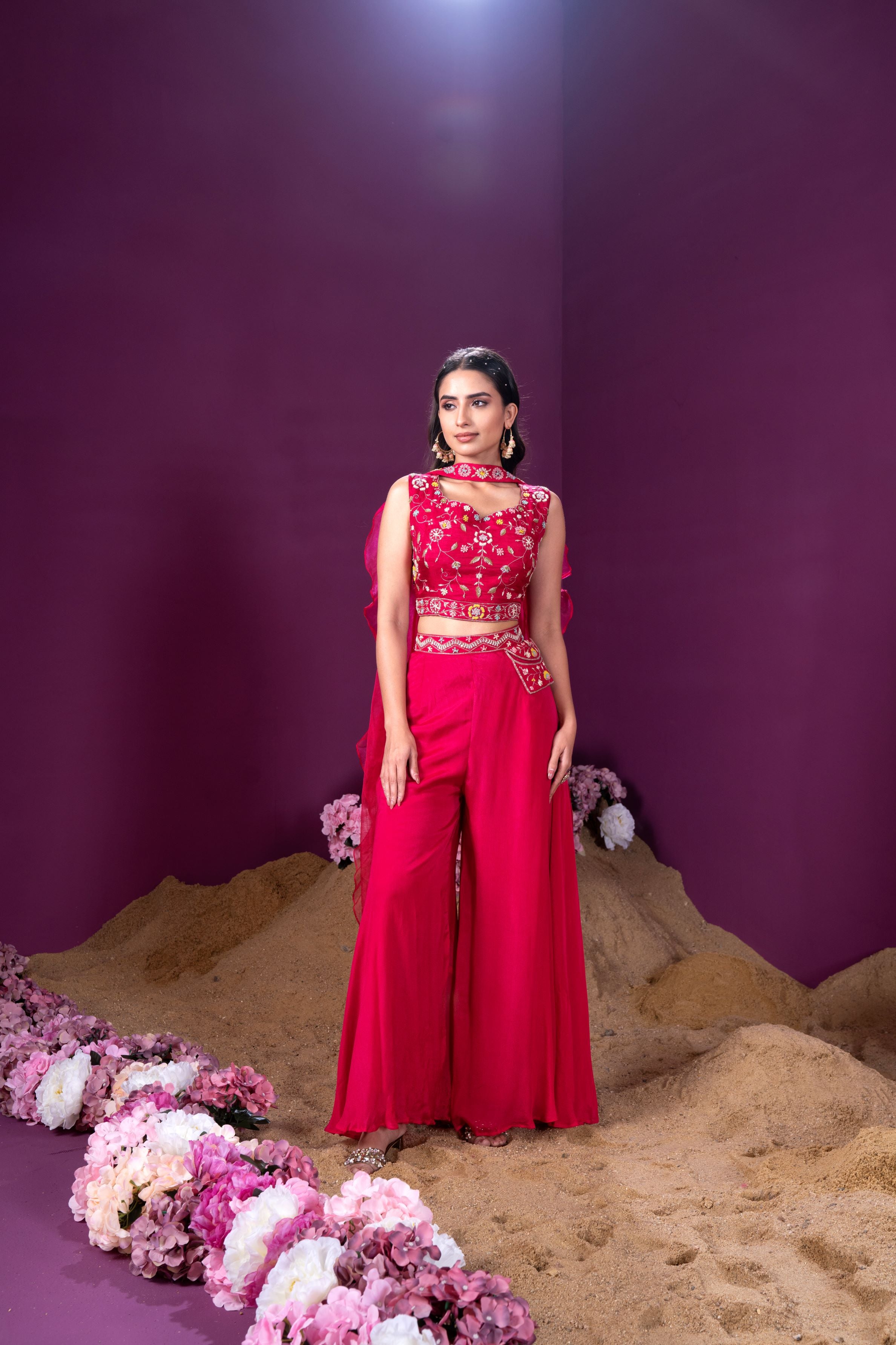Rani Pink Embroidered Chinon Silk Crop Top With Palazzo & Dupatta Set