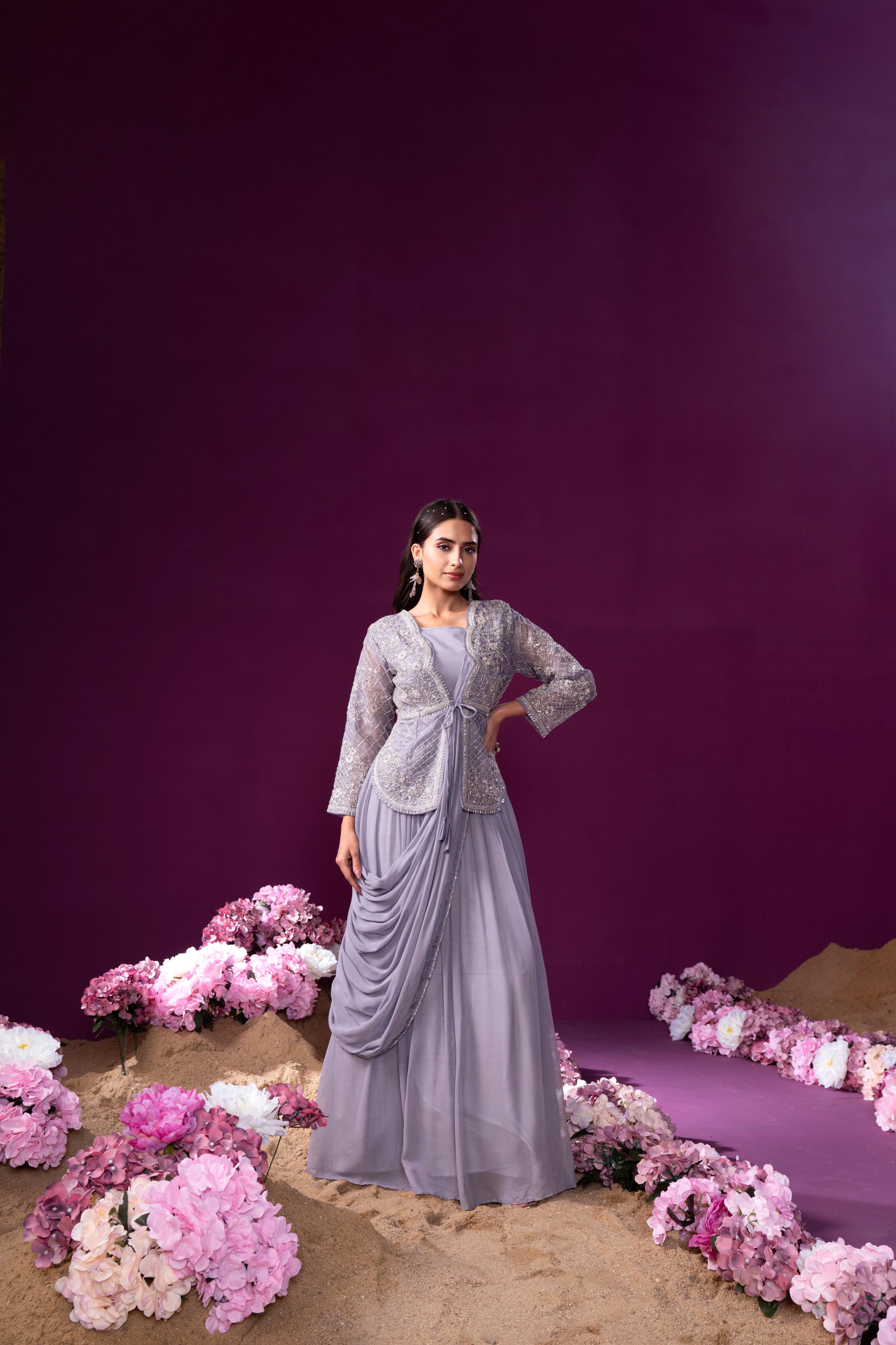Pale Lavender Embellished Premium Organza Silk Draped Gown