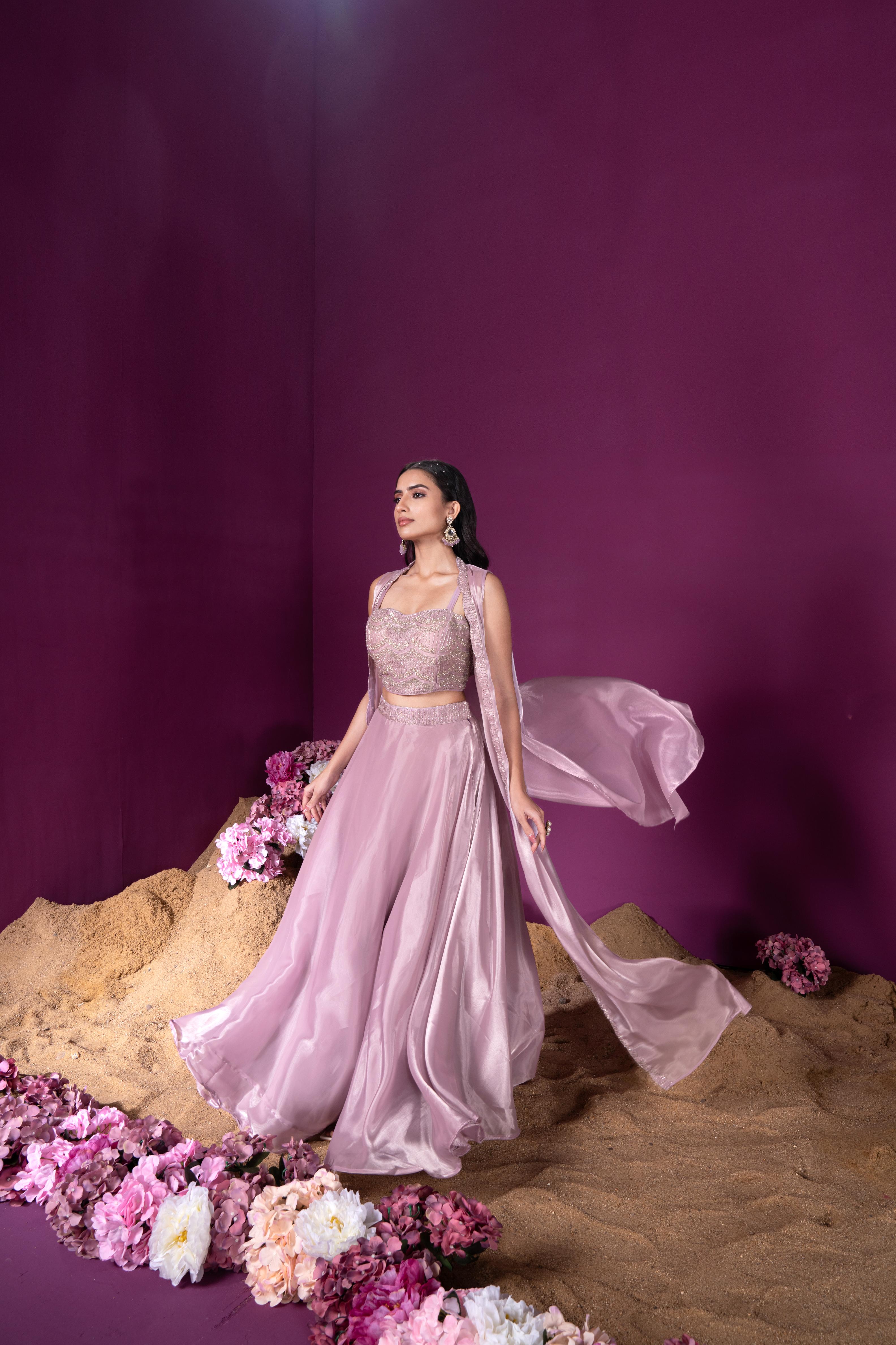 Pale Pink Embellished Shimmer Organza Silk Lehenga Cape Set