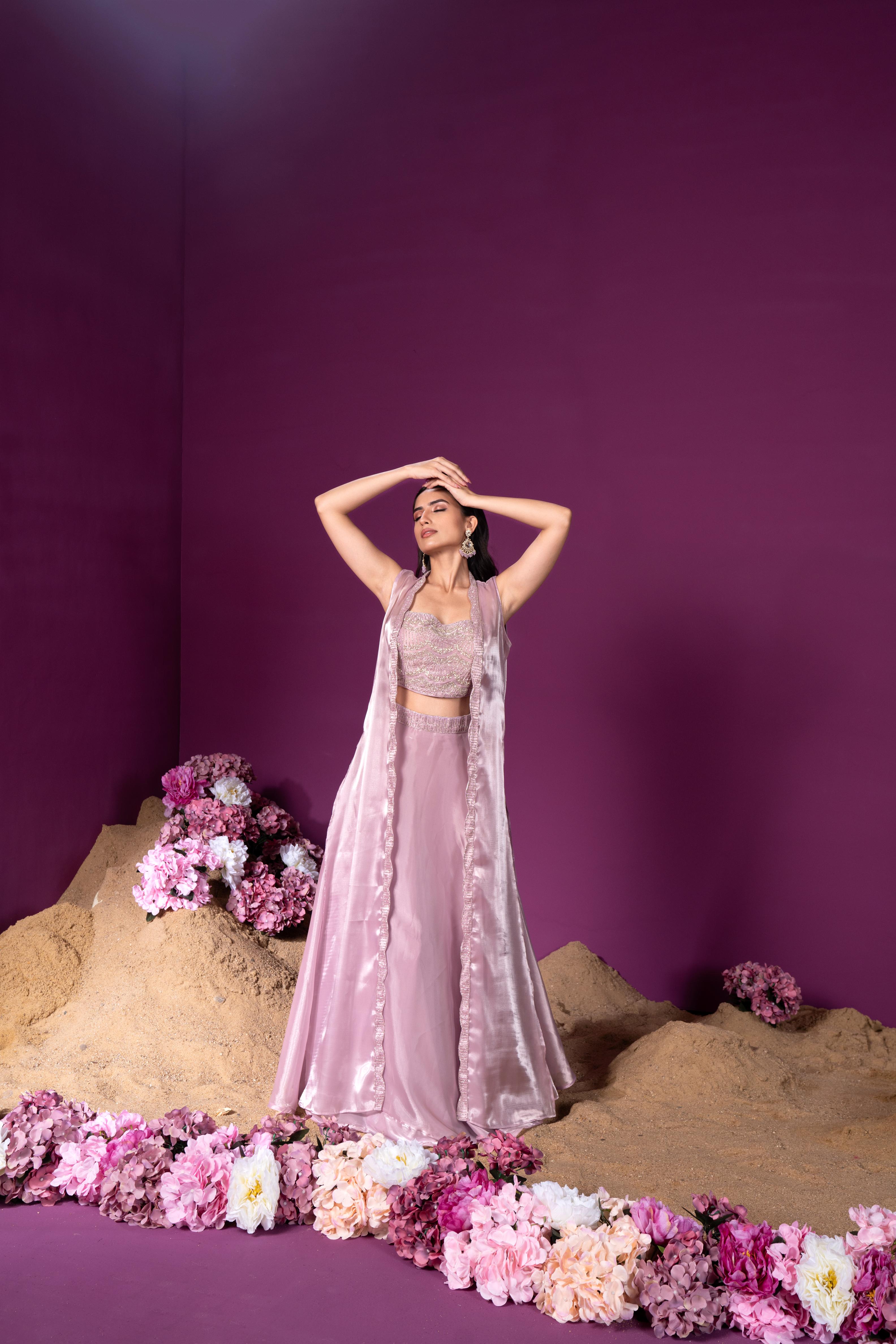 Pale Pink Embellished Shimmer Organza Silk Lehenga Cape Set