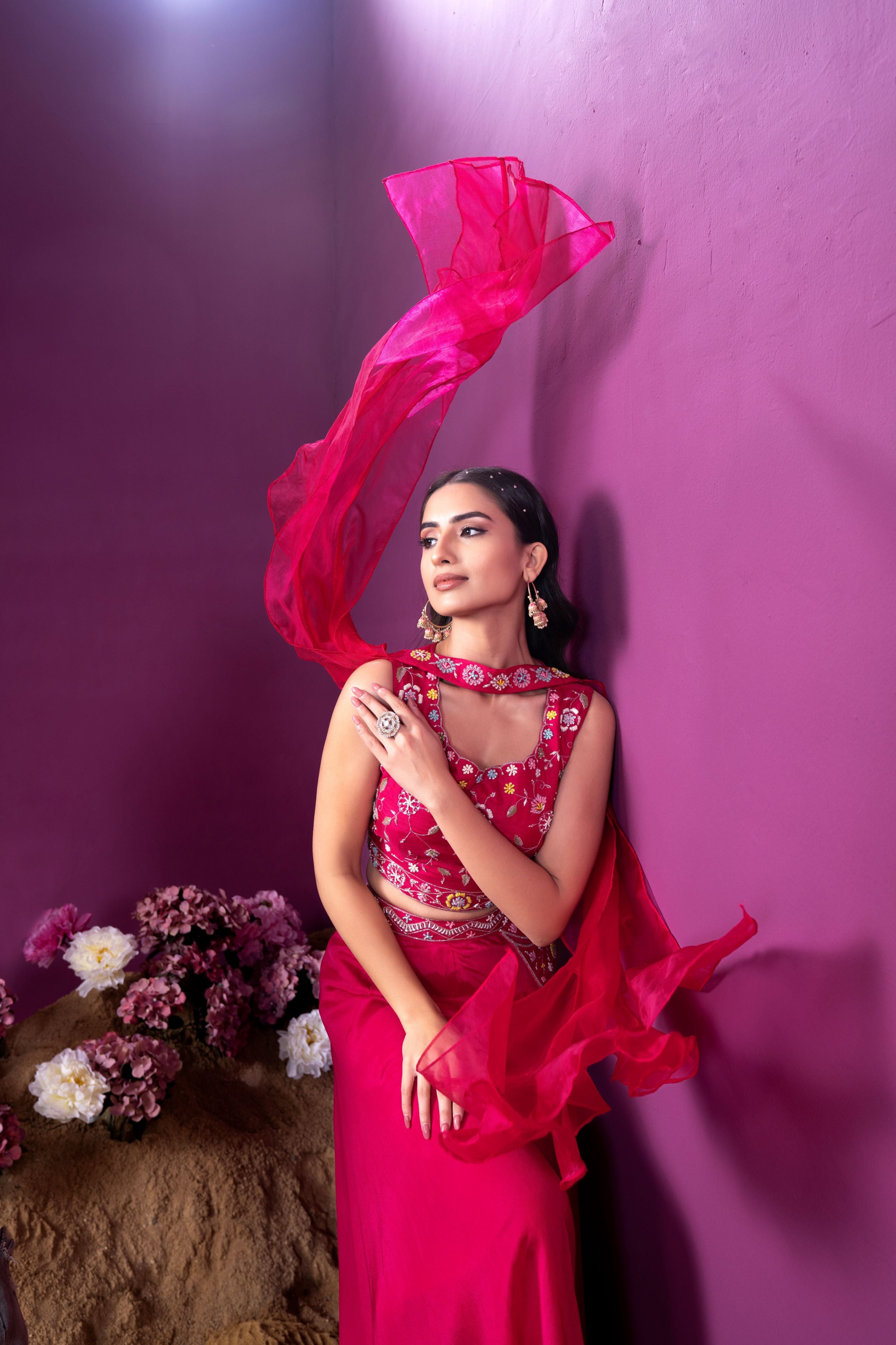 Rani Pink Embroidered Chinon Silk Crop Top With Palazzo & Dupatta Set