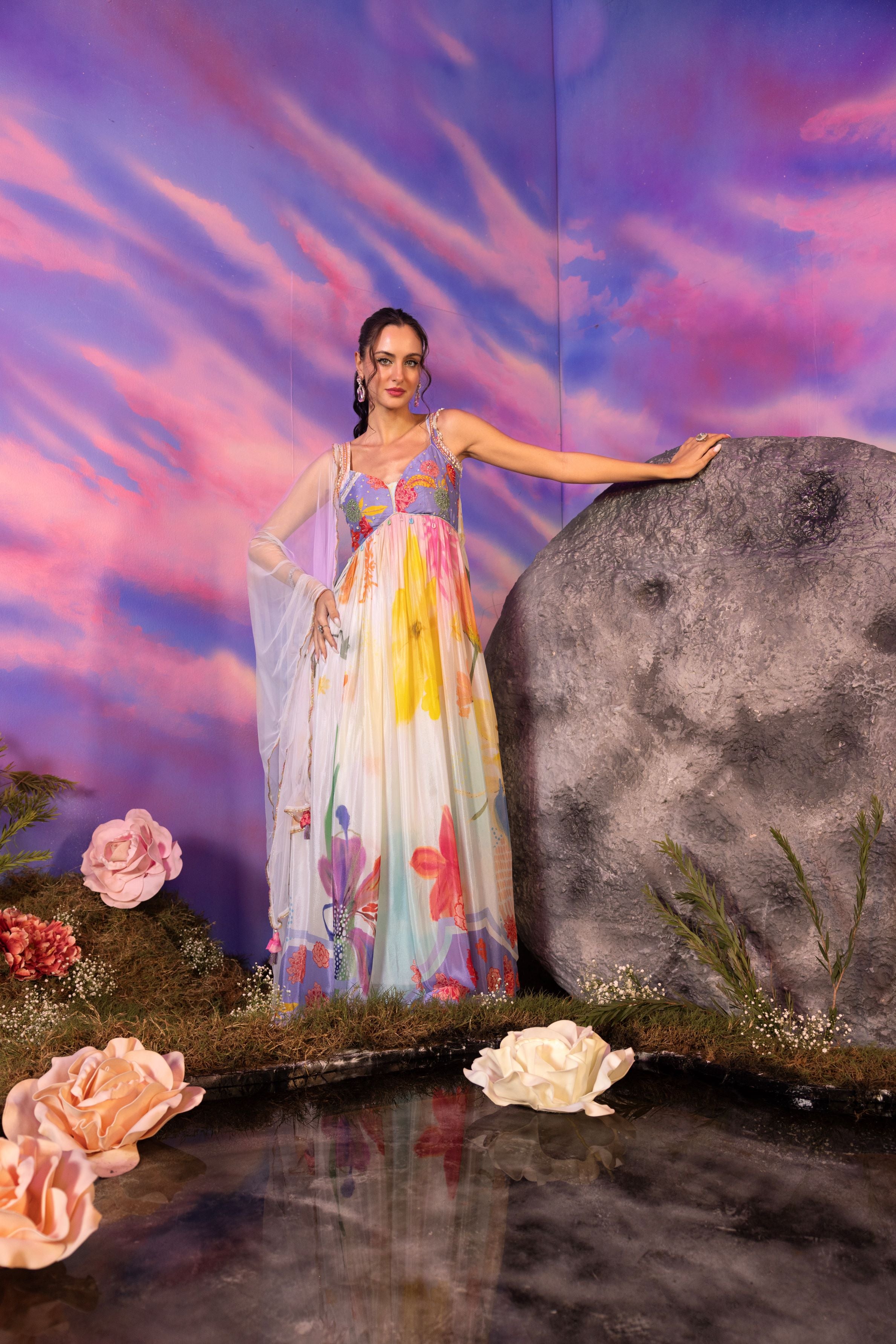 Ivory Floral Printed Chinon Silk Anarkali Set