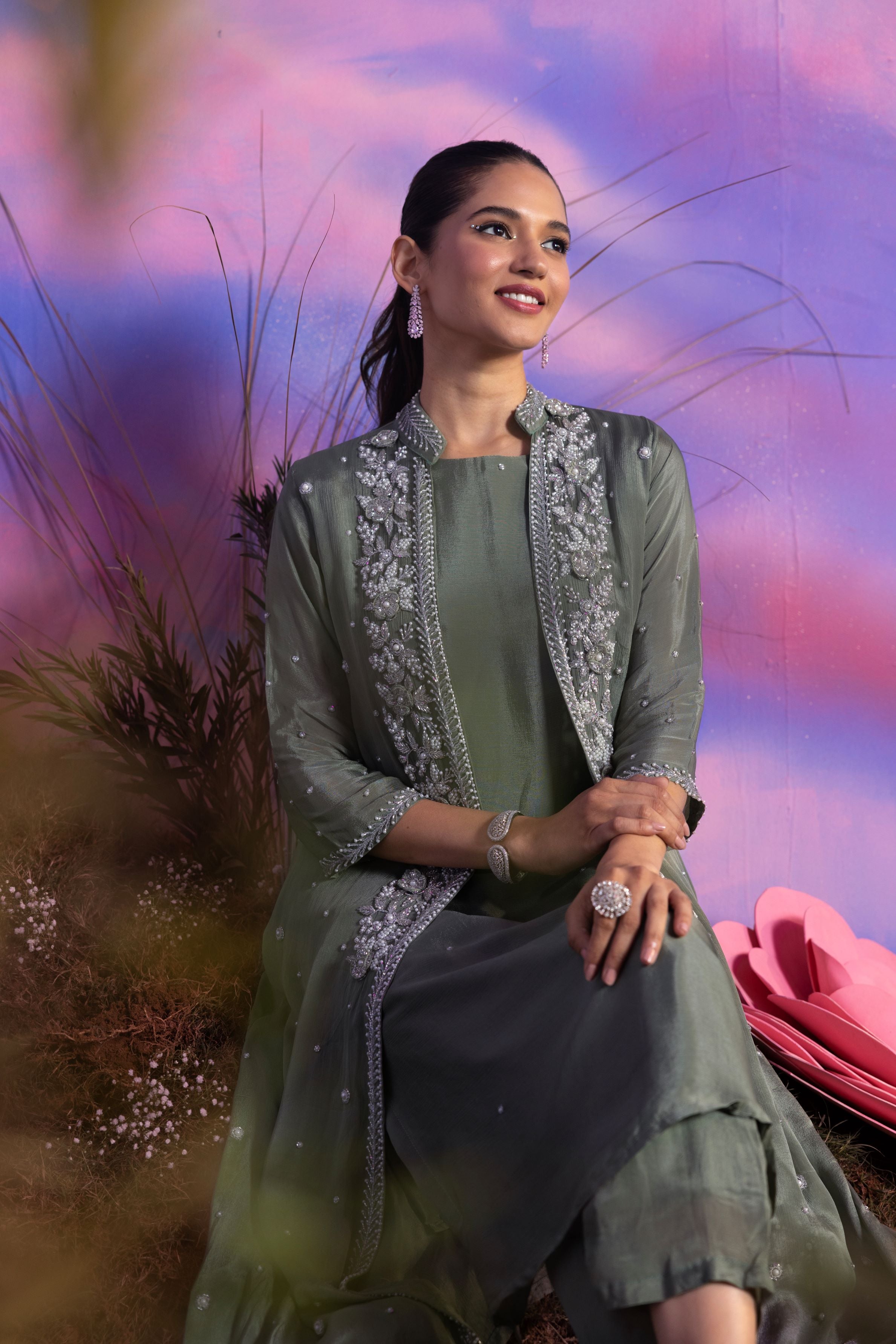 Sage Green Embellished Chinon Silk Pants Set